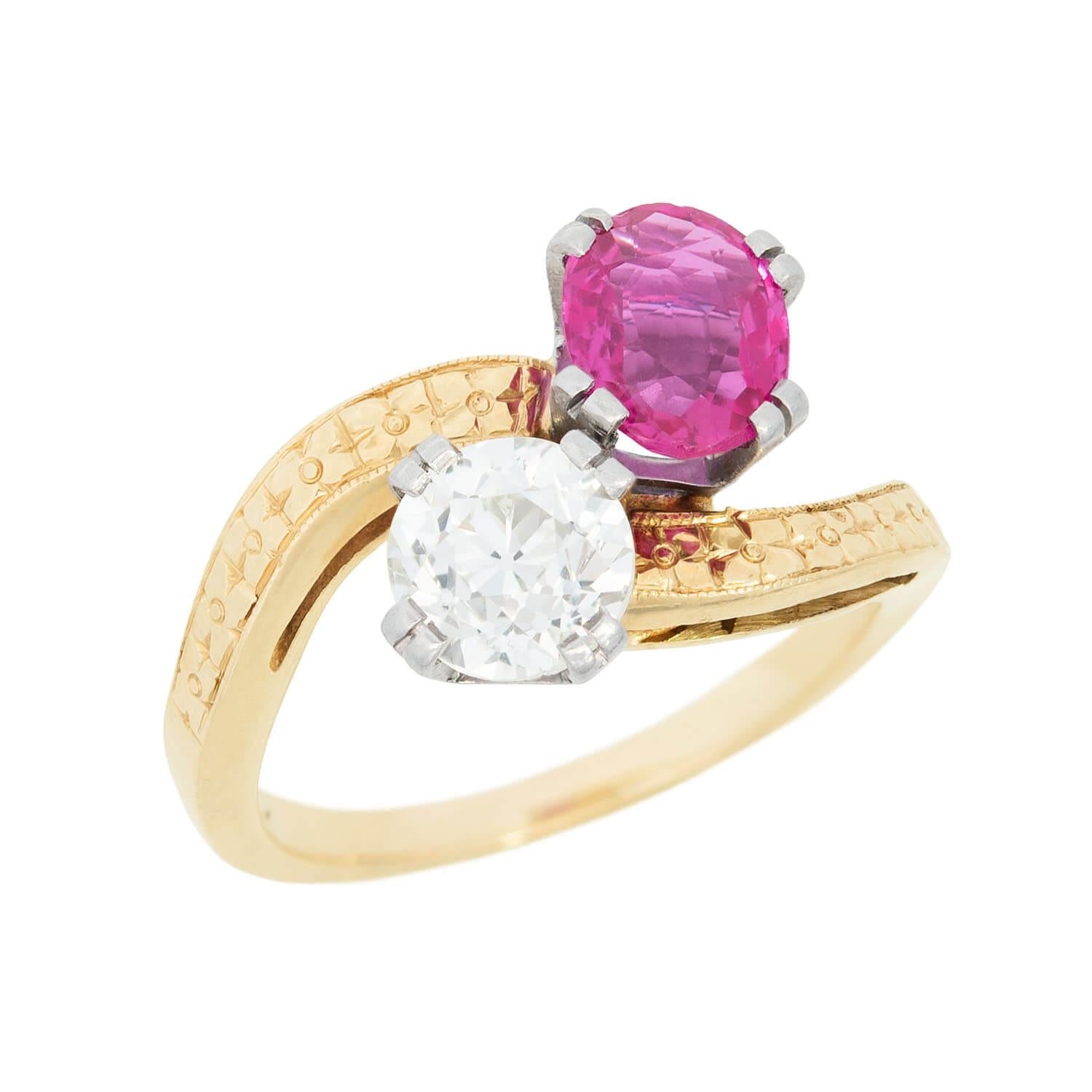 Edwardian 14k/Platinum Diamond and Ruby Moi Et Toi Ring