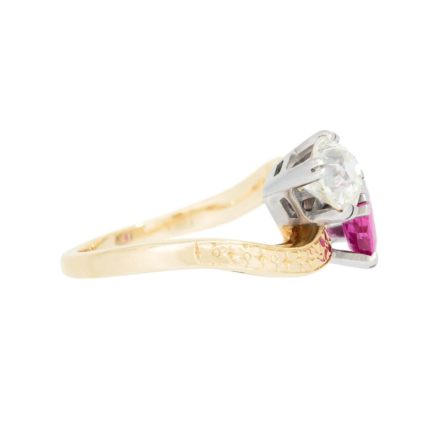 Edwardian 14k/Platinum Diamond and Ruby Moi Et Toi Ring