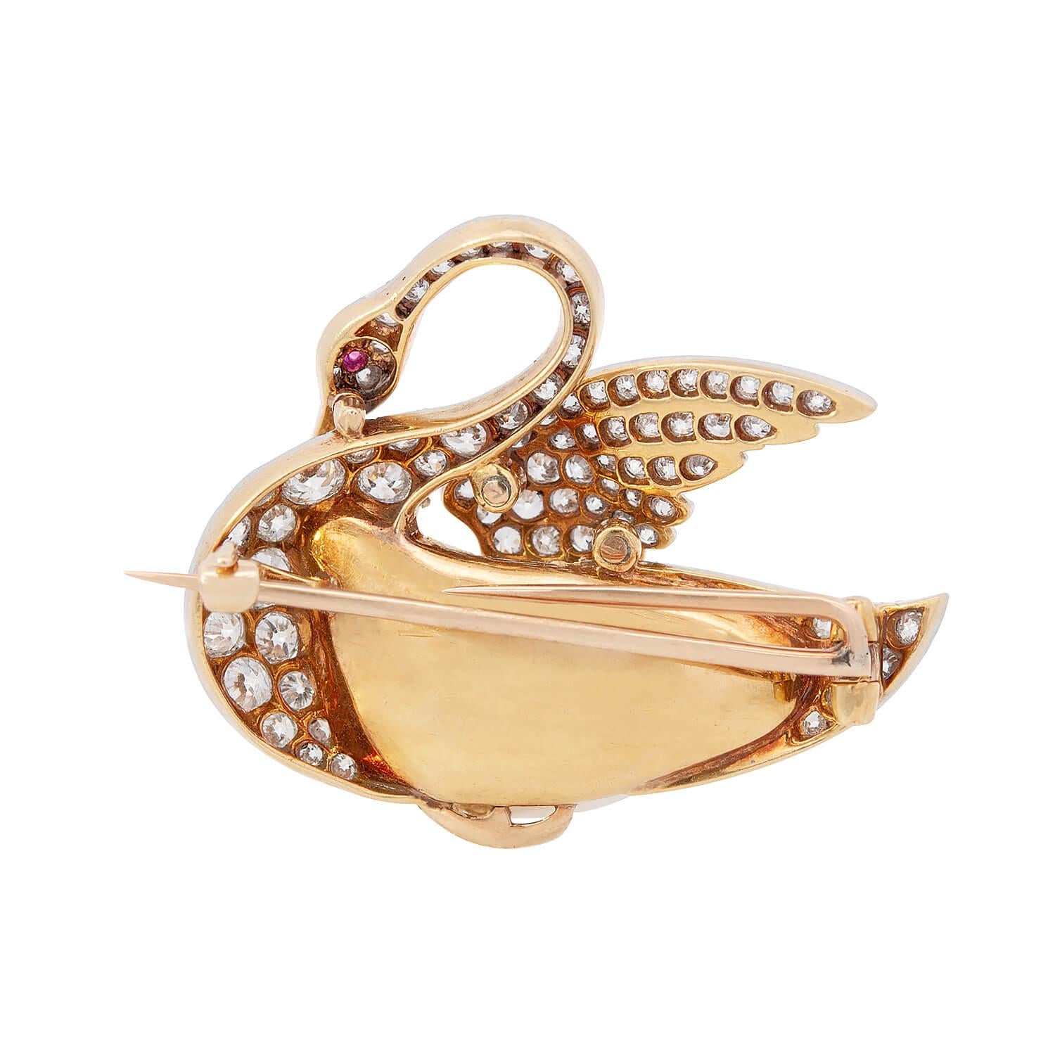 Edwardian 18k/Platinum Diamond, Pearl, and Ruby Swan Pin