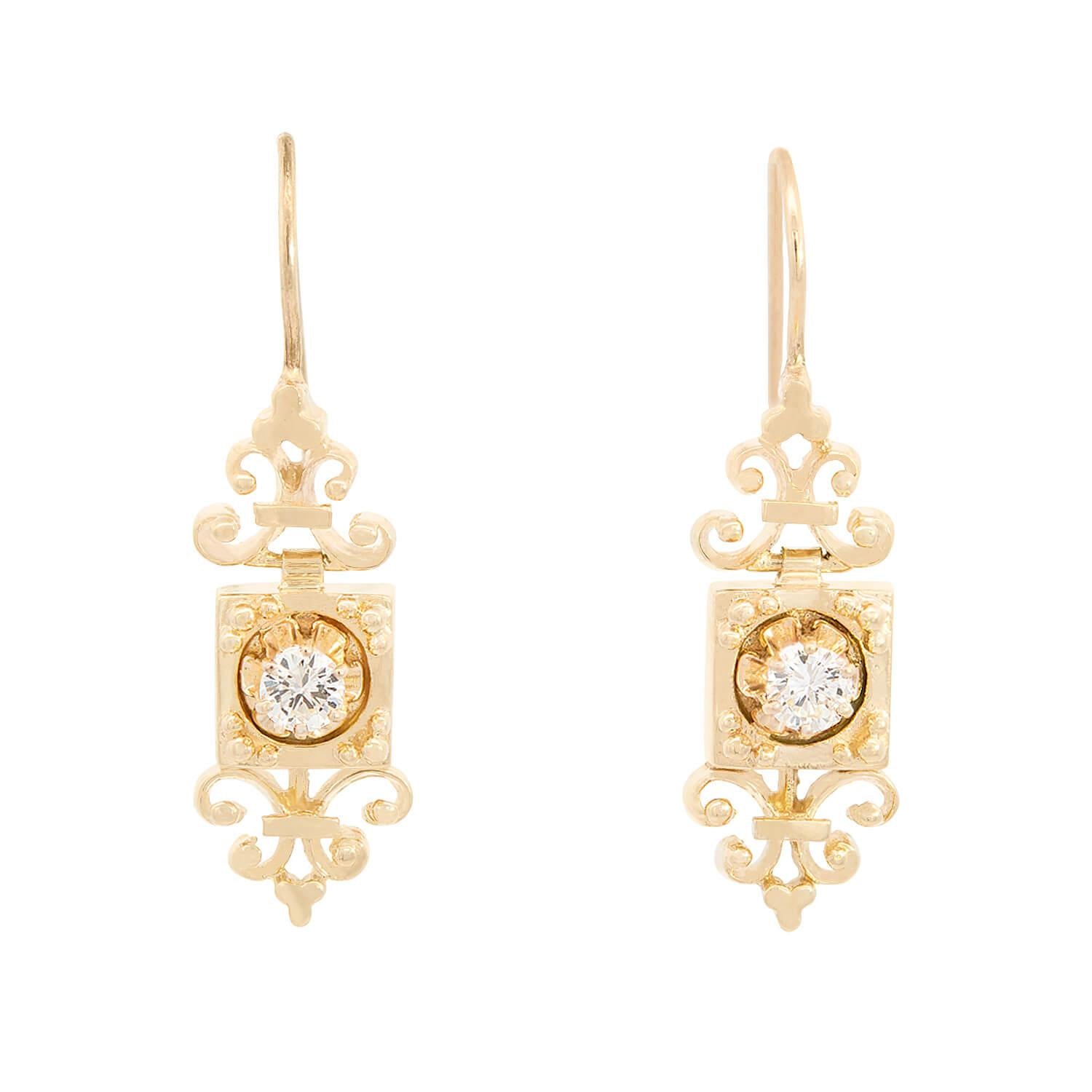 Victorian Revival 14k Etruscan Diamond Earrings