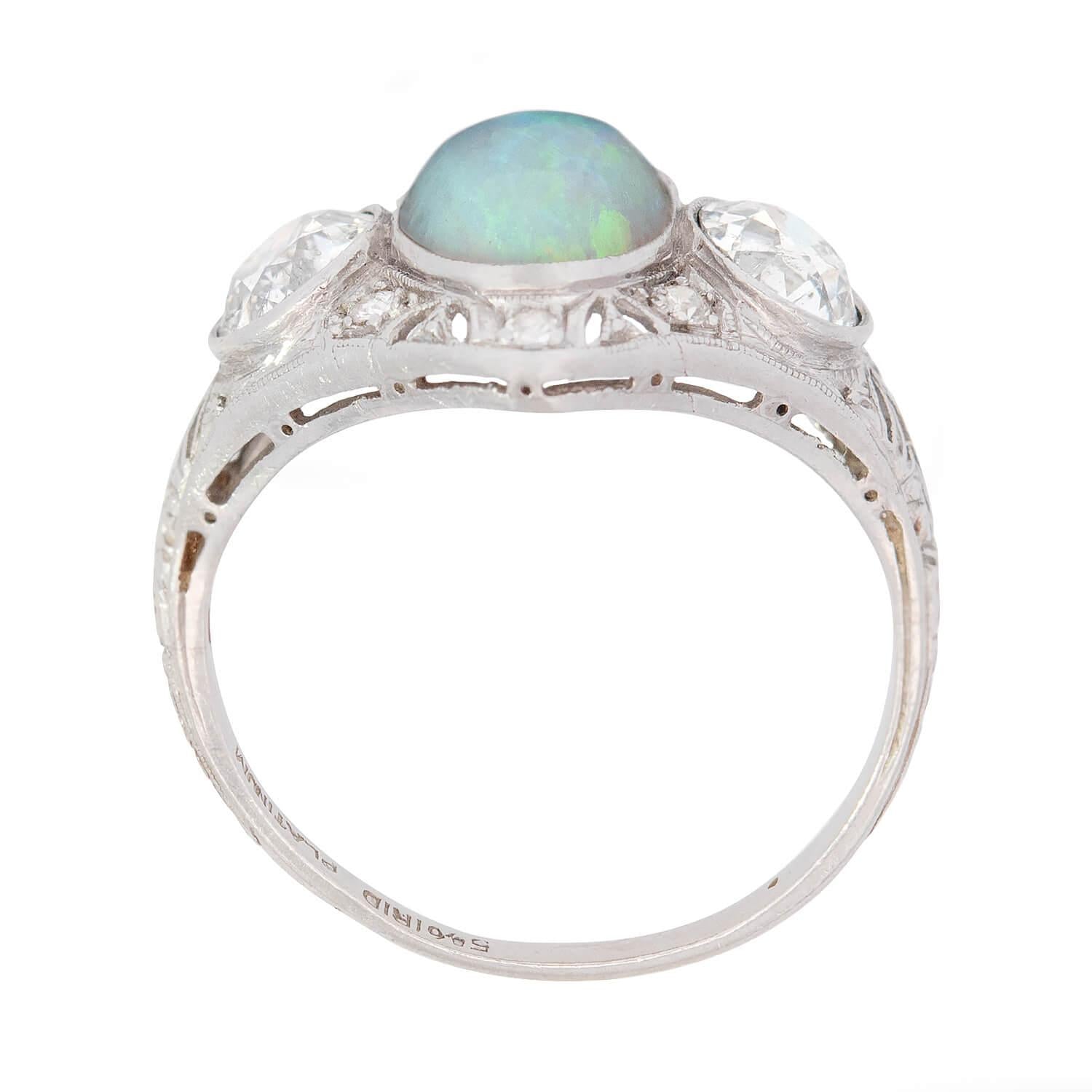 Art Nouveau Platinum Opal and Diamond Filigree Ring