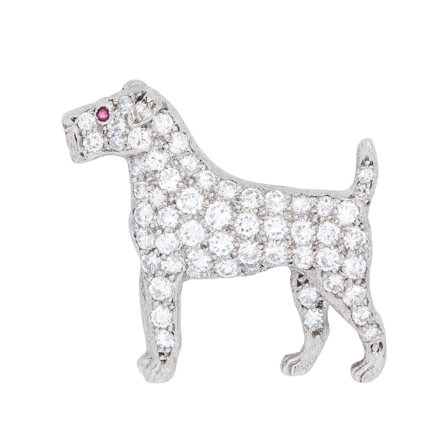 TIFFANY & CO. Art Deco Platinum Diamond and Ruby Terrier Pin