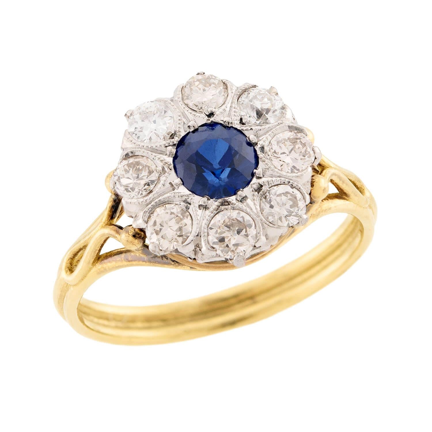 Edwardian 18k/Platinum Sapphire and Diamond Halo Ring