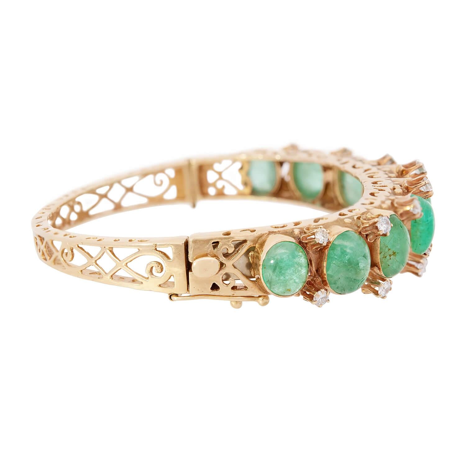 Retro 14k Emerald and Diamond Bangle Bracelet