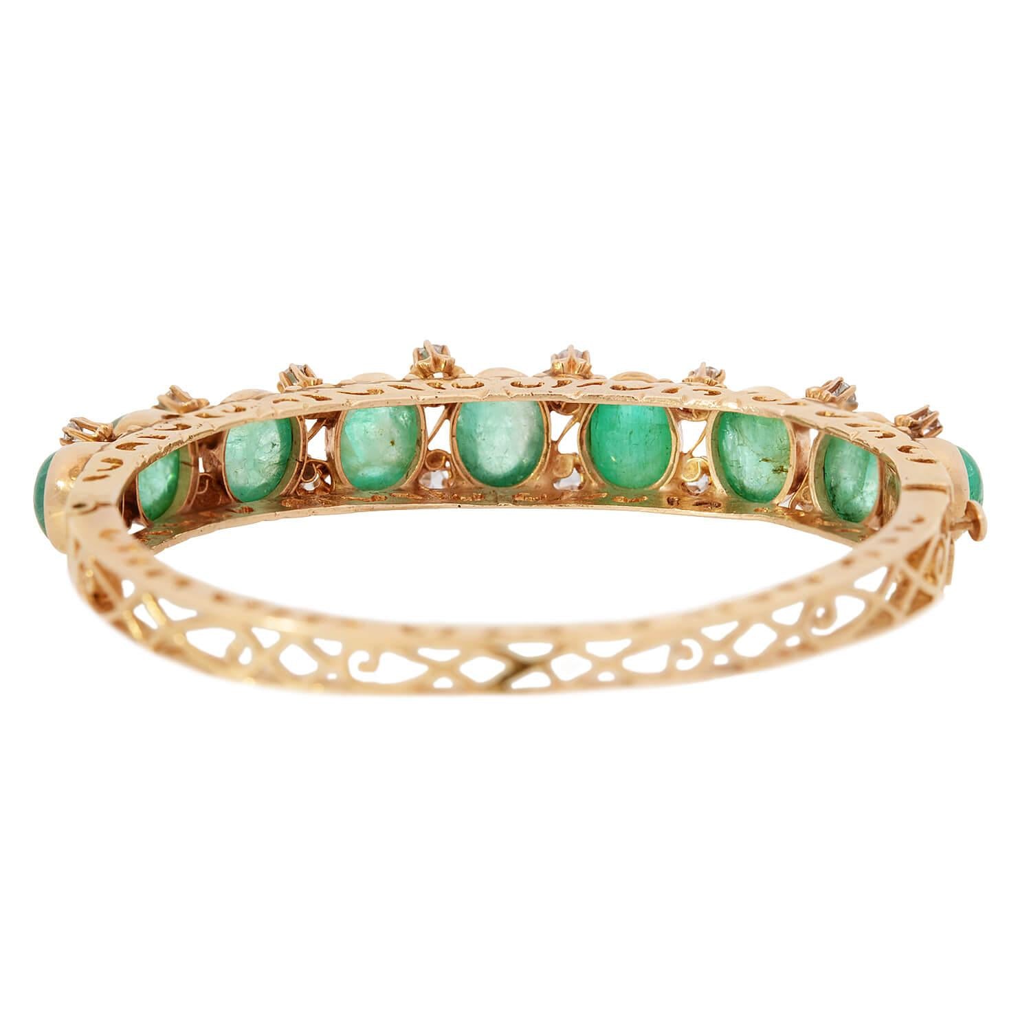 Retro 14k Emerald and Diamond Bangle Bracelet