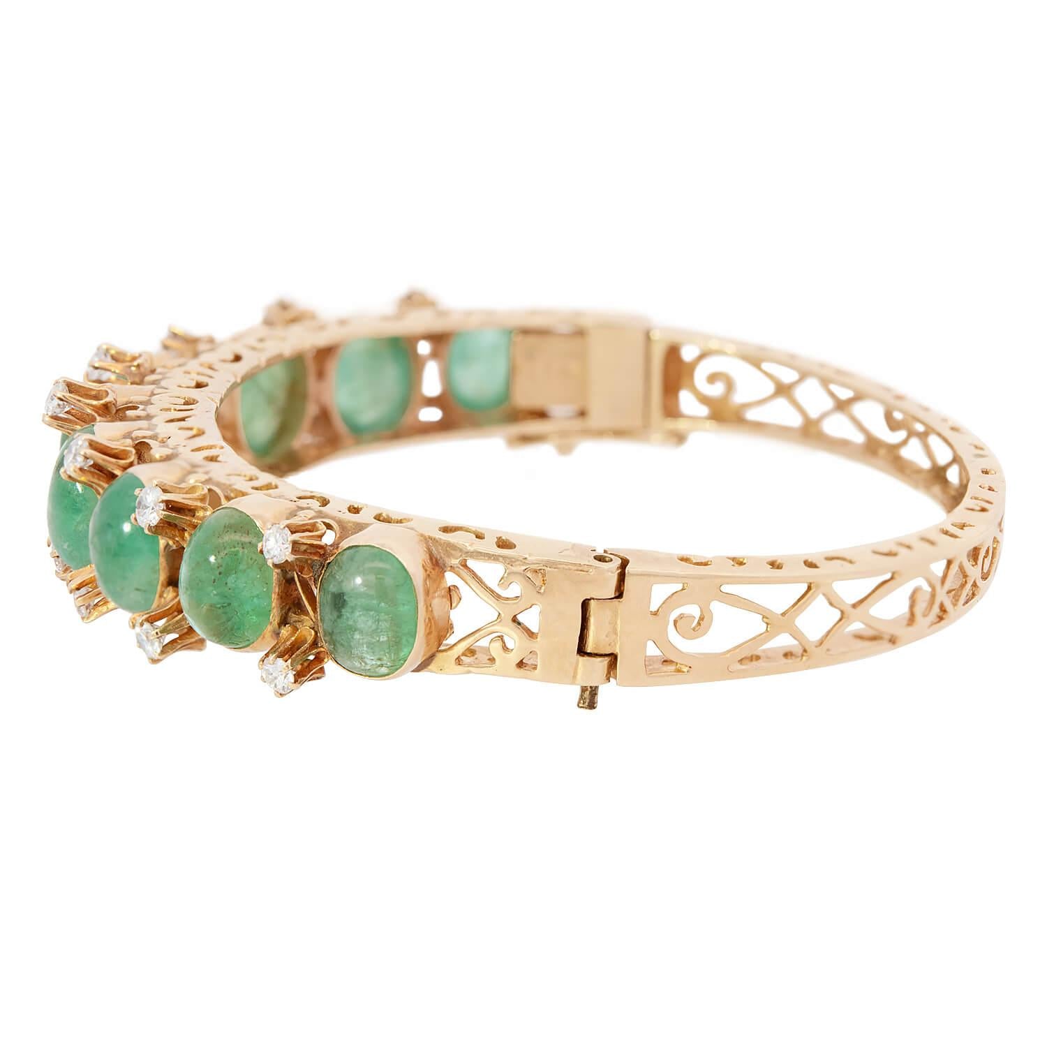 Retro 14k Emerald and Diamond Bangle Bracelet