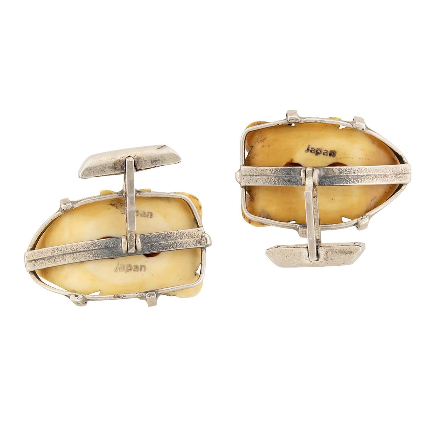 Vintage Sterling Silver, Bone, and Enamel Japanese Cufflinks