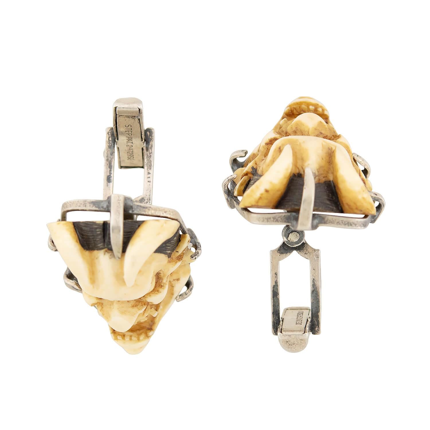 Vintage Sterling Silver, Bone, and Enamel Japanese Cufflinks