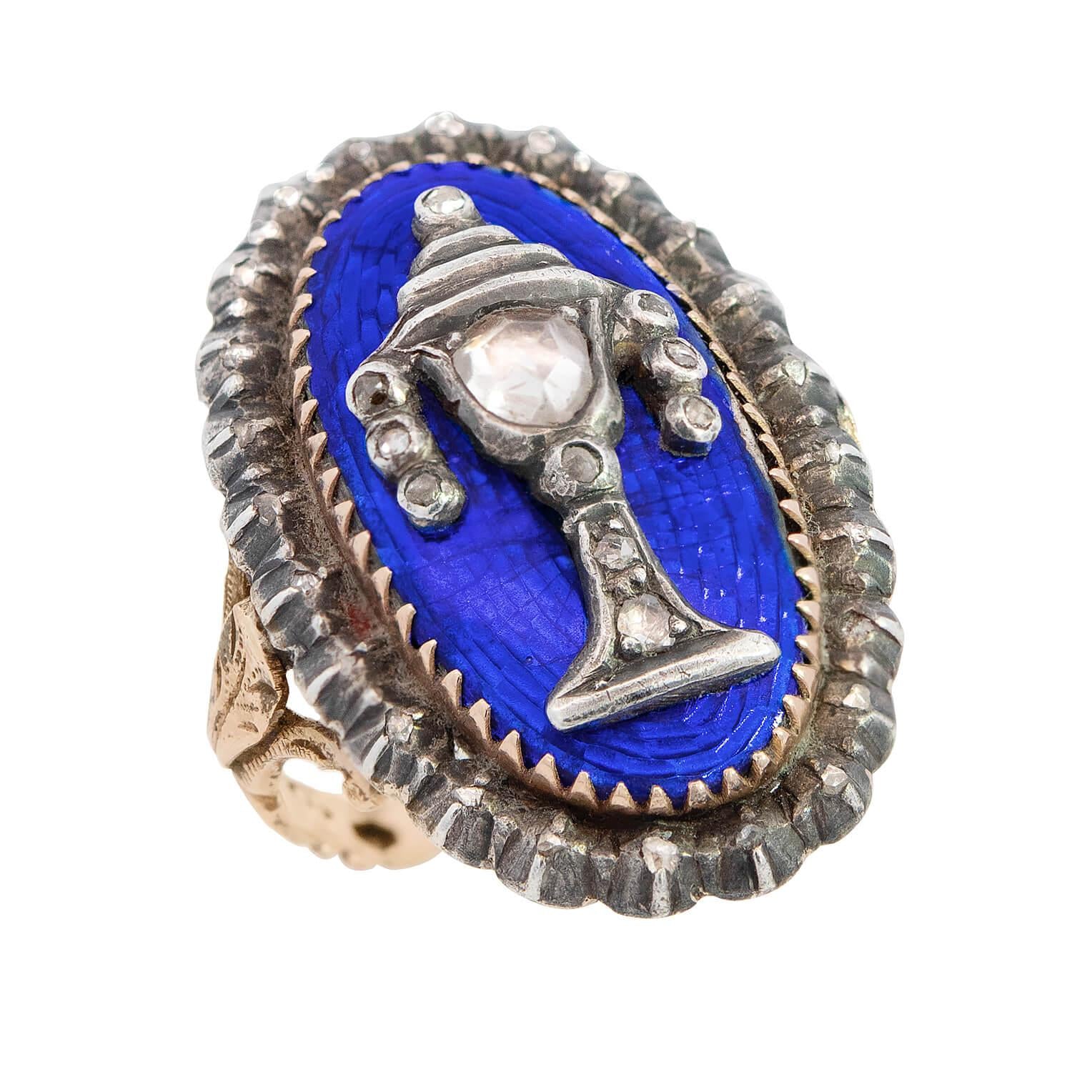 Georgian 14k and Sterling Silver Diamond and Enamel Urn Ring