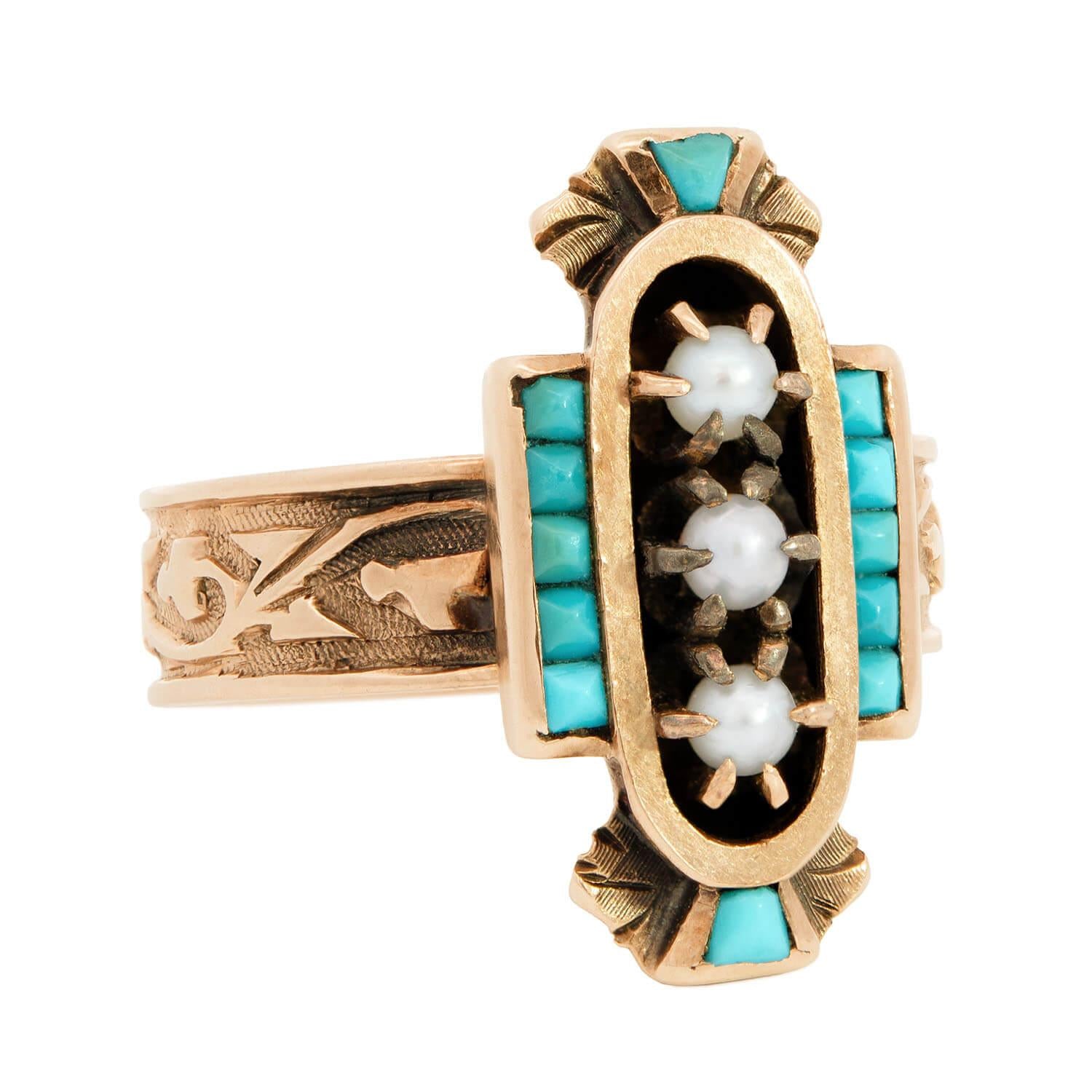 Victorian 14k Turquoise and Pearl Navette Ring