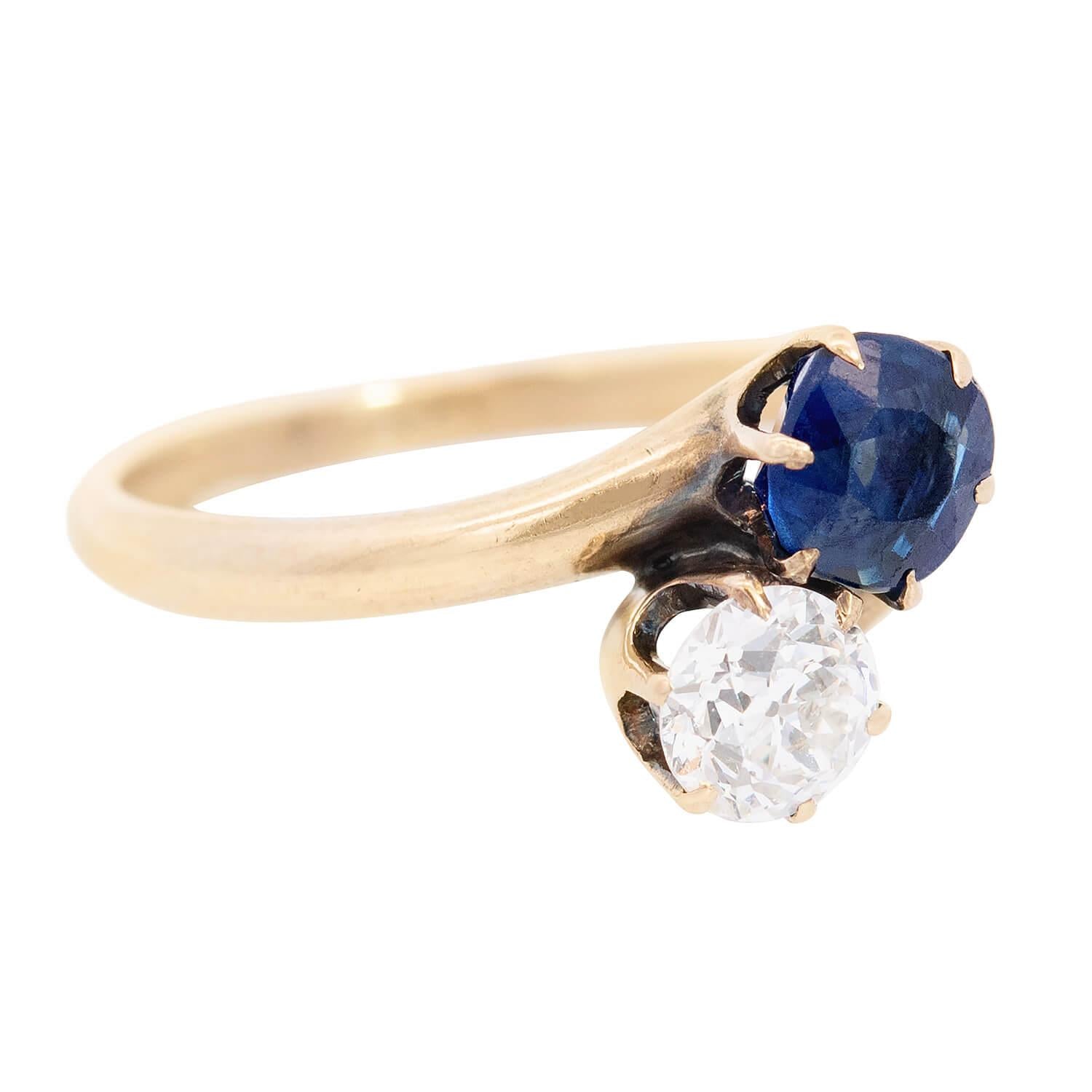 Victorian 14k Diamond and Sapphire "Moi et Toi" Bypass Ring