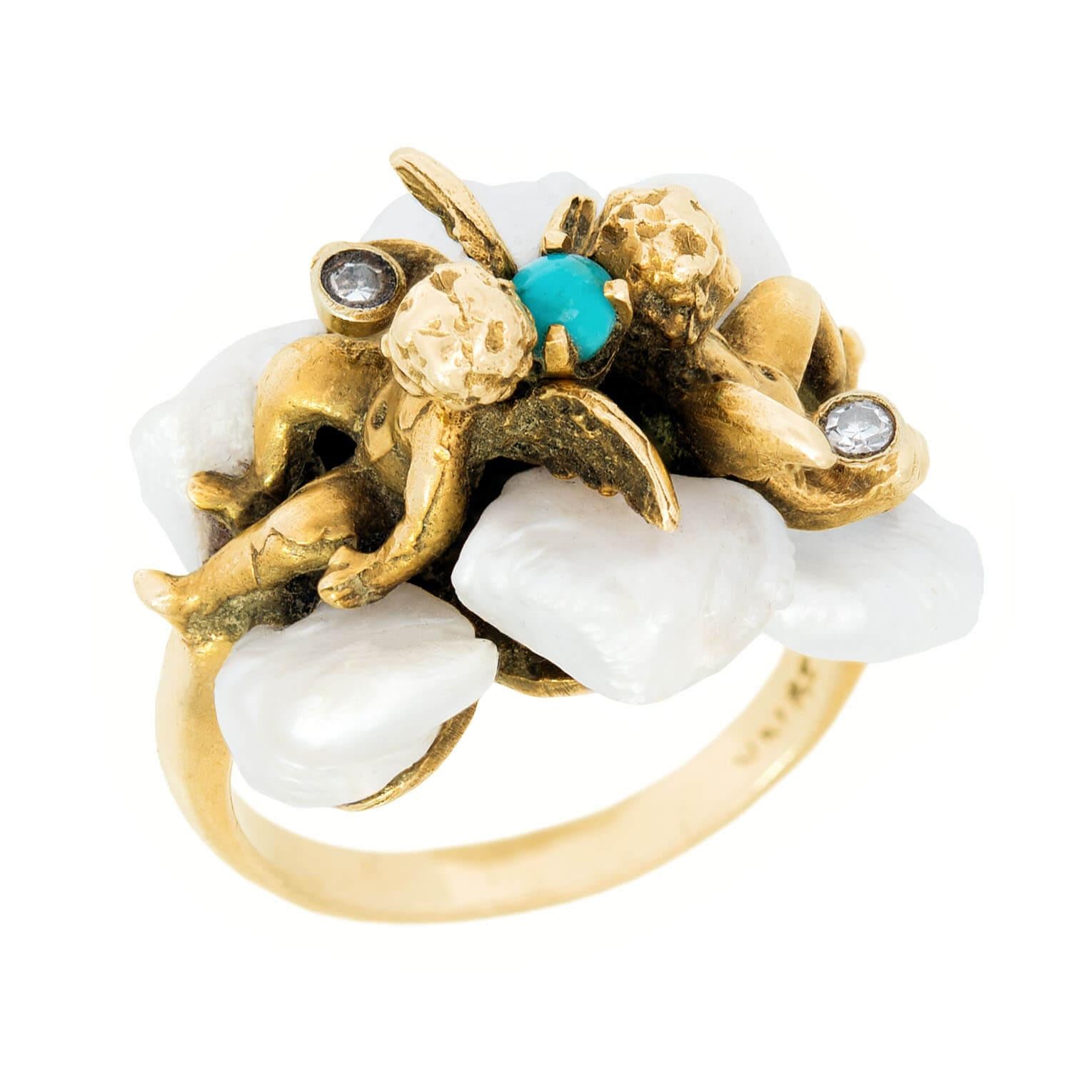 Retro 14k Turquoise, Diamond, and Pearl Cherub Ring