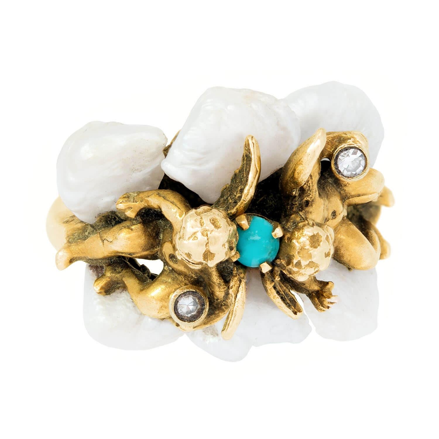 Retro 14k Turquoise, Diamond, and Pearl Cherub Ring