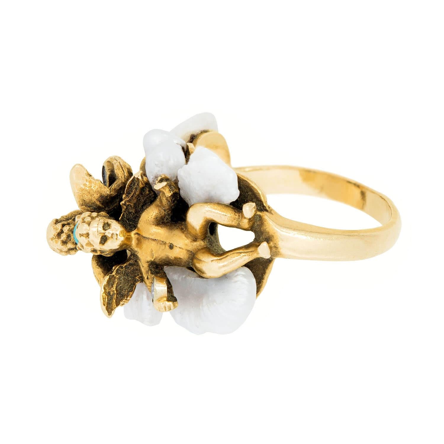 Retro 14k Turquoise, Diamond, and Pearl Cherub Ring