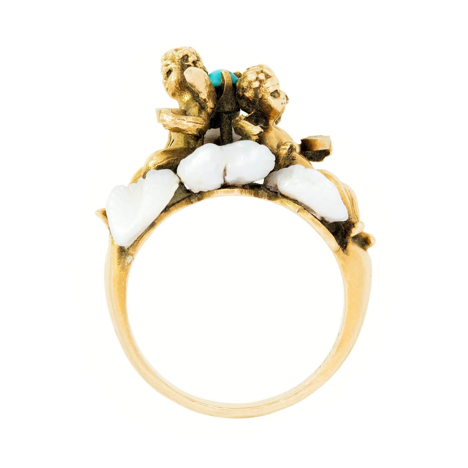 Retro 14k Turquoise, Diamond, and Pearl Cherub Ring