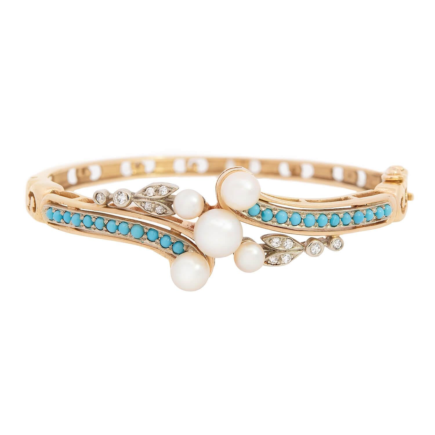 Victorian 14k Pearl, Turquoise, and Diamond Bangle