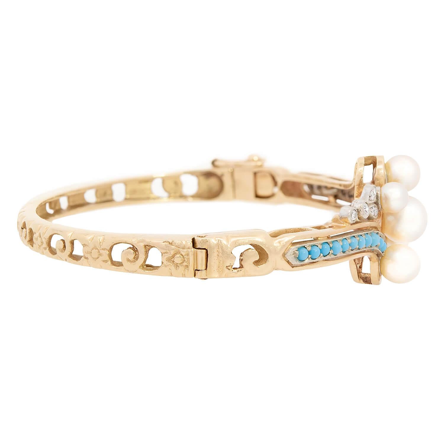 Victorian 14k Pearl, Turquoise, and Diamond Bangle