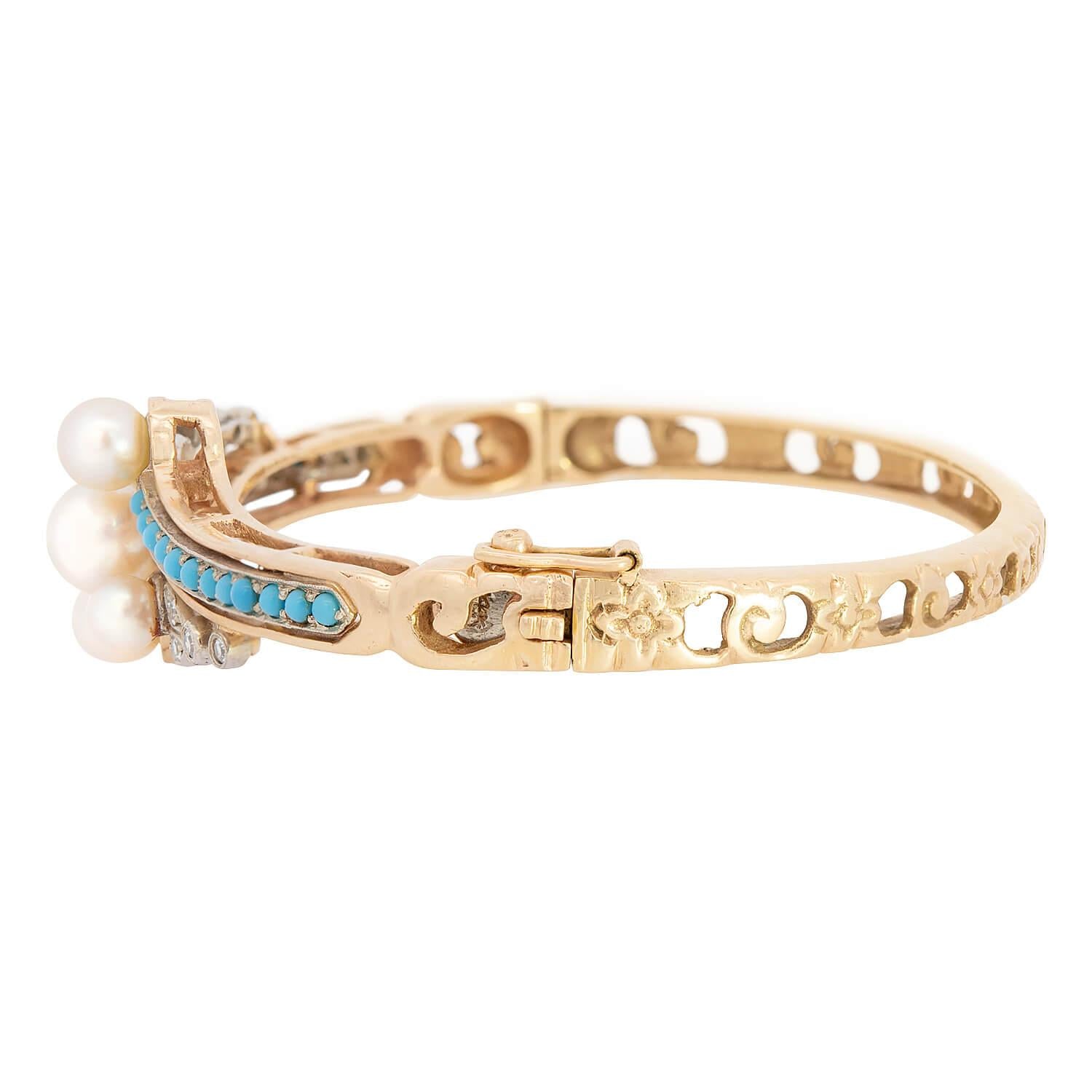 Victorian 14k Pearl, Turquoise, and Diamond Bangle