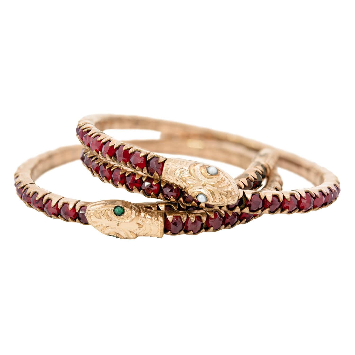 Victorian Gold Filled Garnet, Pearl, and  Snake Bracelet Set