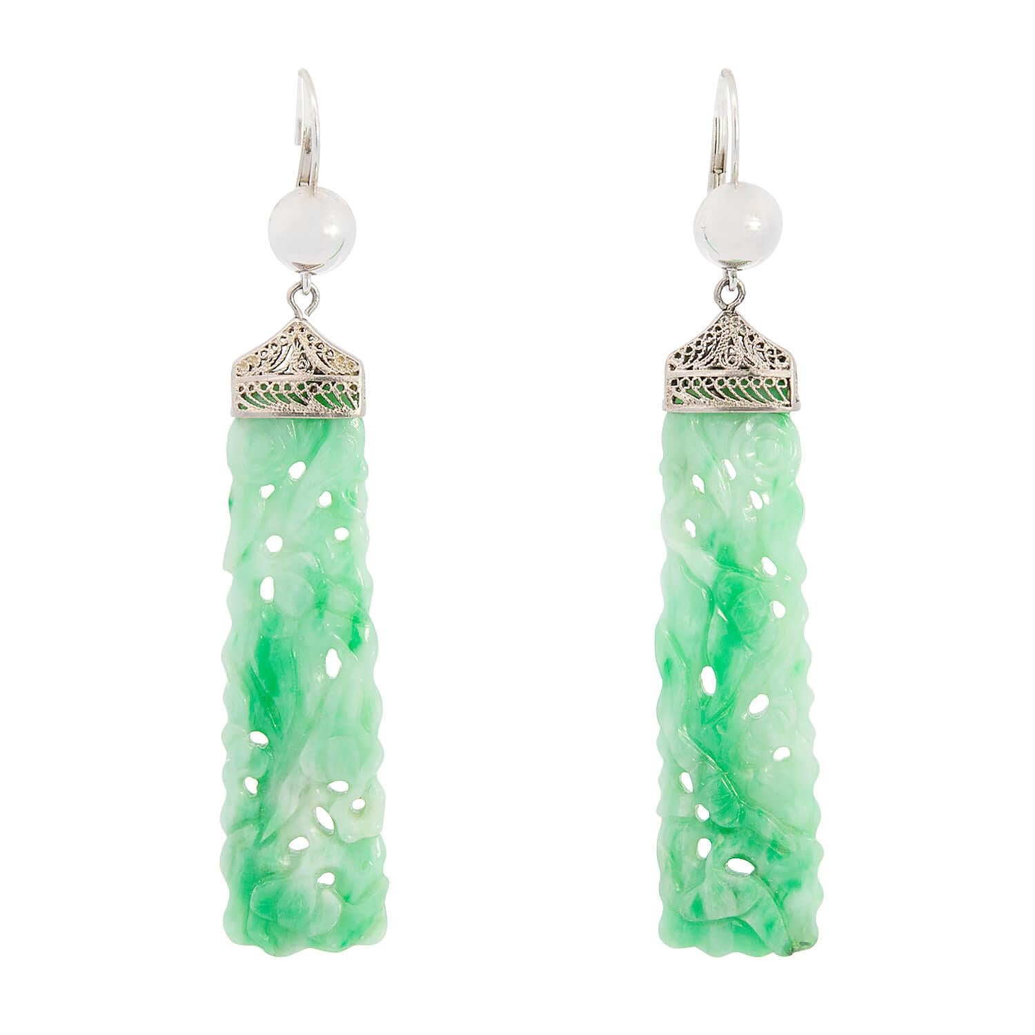 Art Deco 14k/ Platinum Carved Jade Earrings