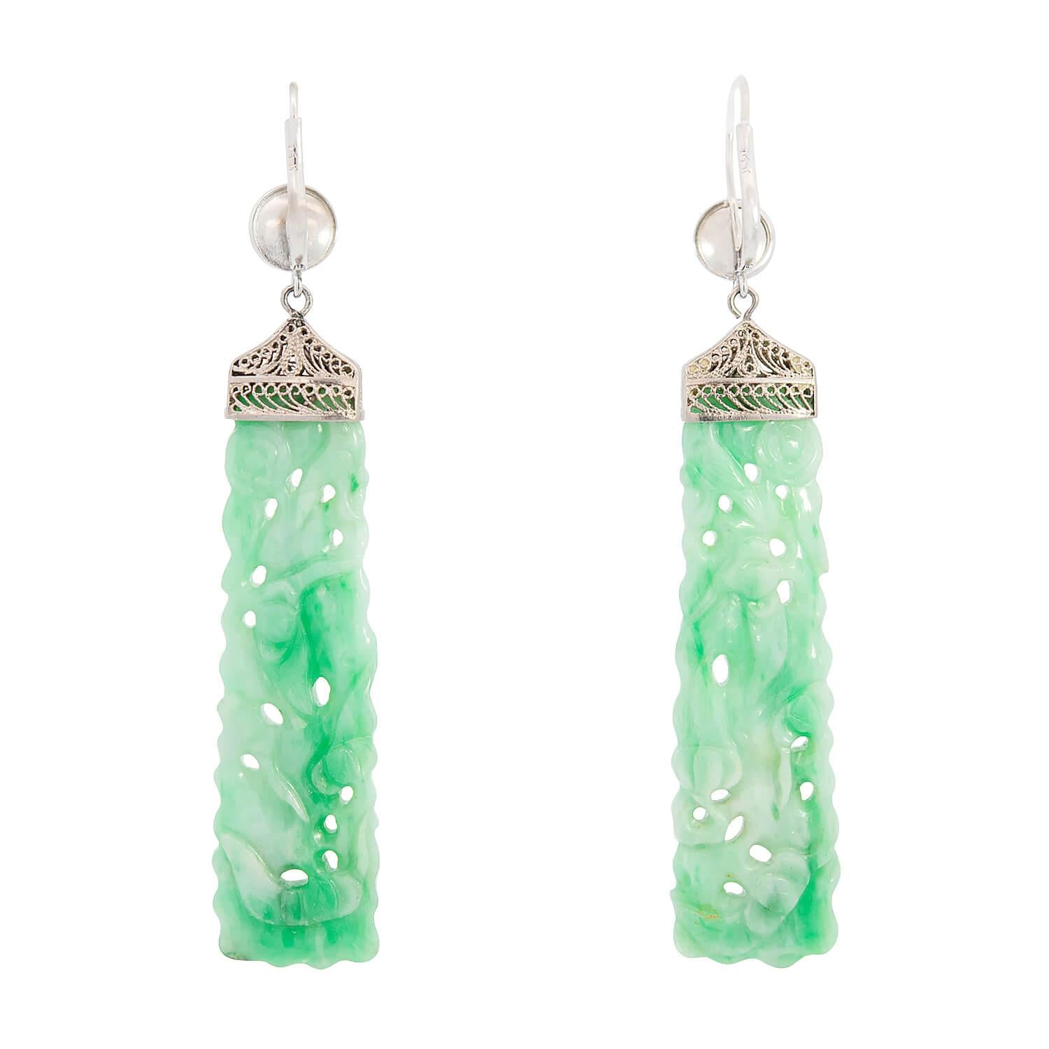 Art Deco 14k/ Platinum Carved Jade Earrings