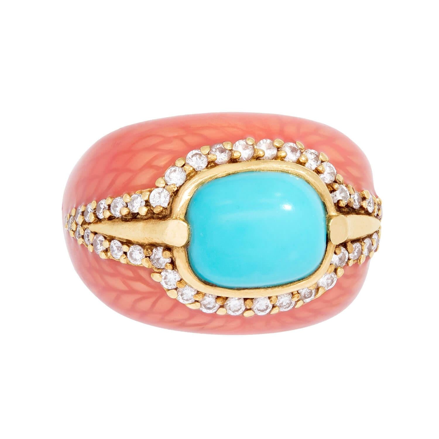 HAGGAI Vintage 14k Turquoise, Diamond, and Enamel Ring