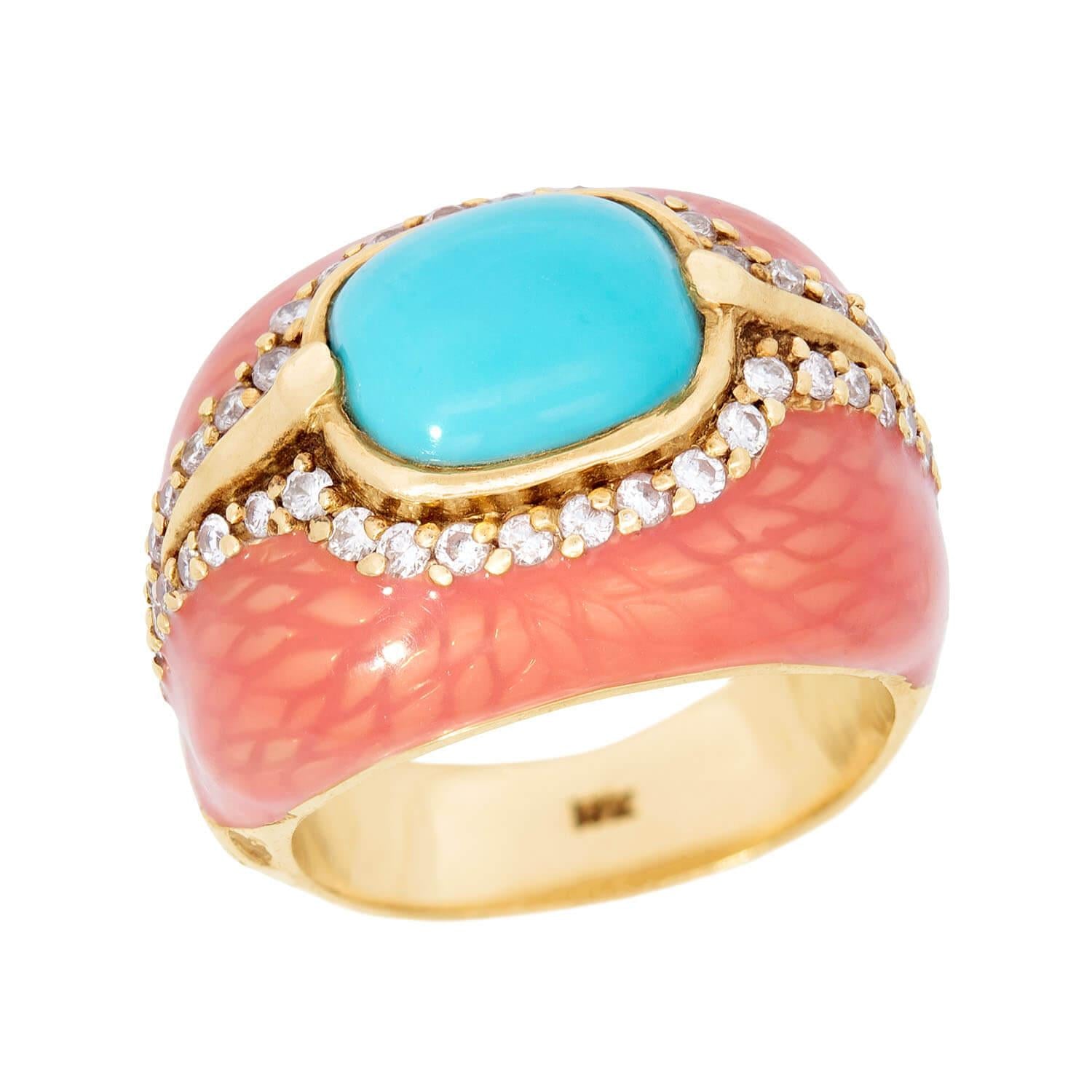 HAGGAI Vintage 14k Turquoise, Diamond, and Enamel Ring