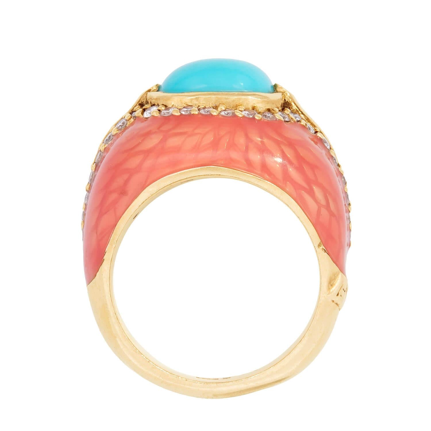 HAGGAI Vintage 14k Turquoise, Diamond, and Enamel Ring