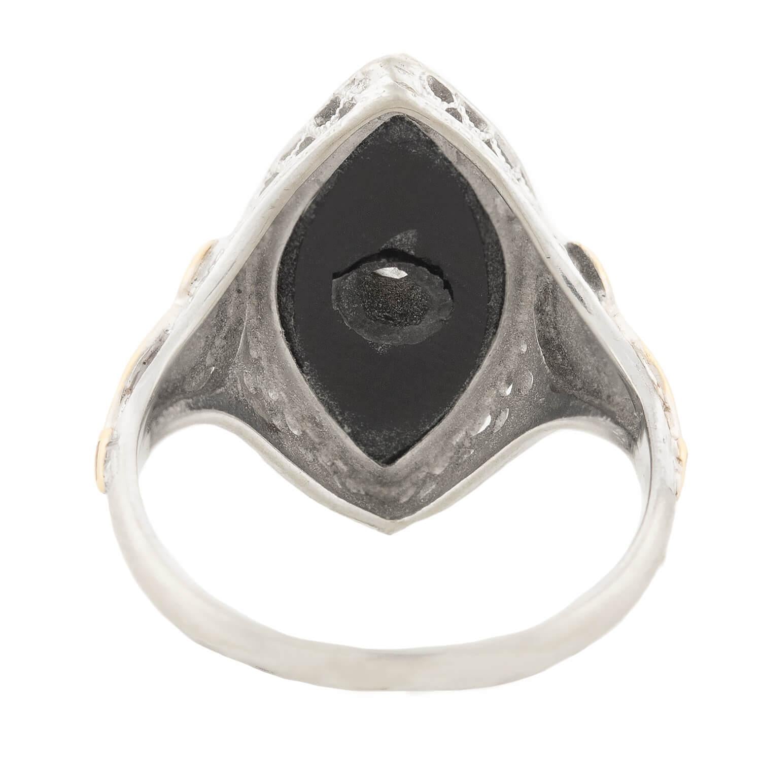 Art Deco 14k Onyx, Diamond, and Enamel Navette Ring