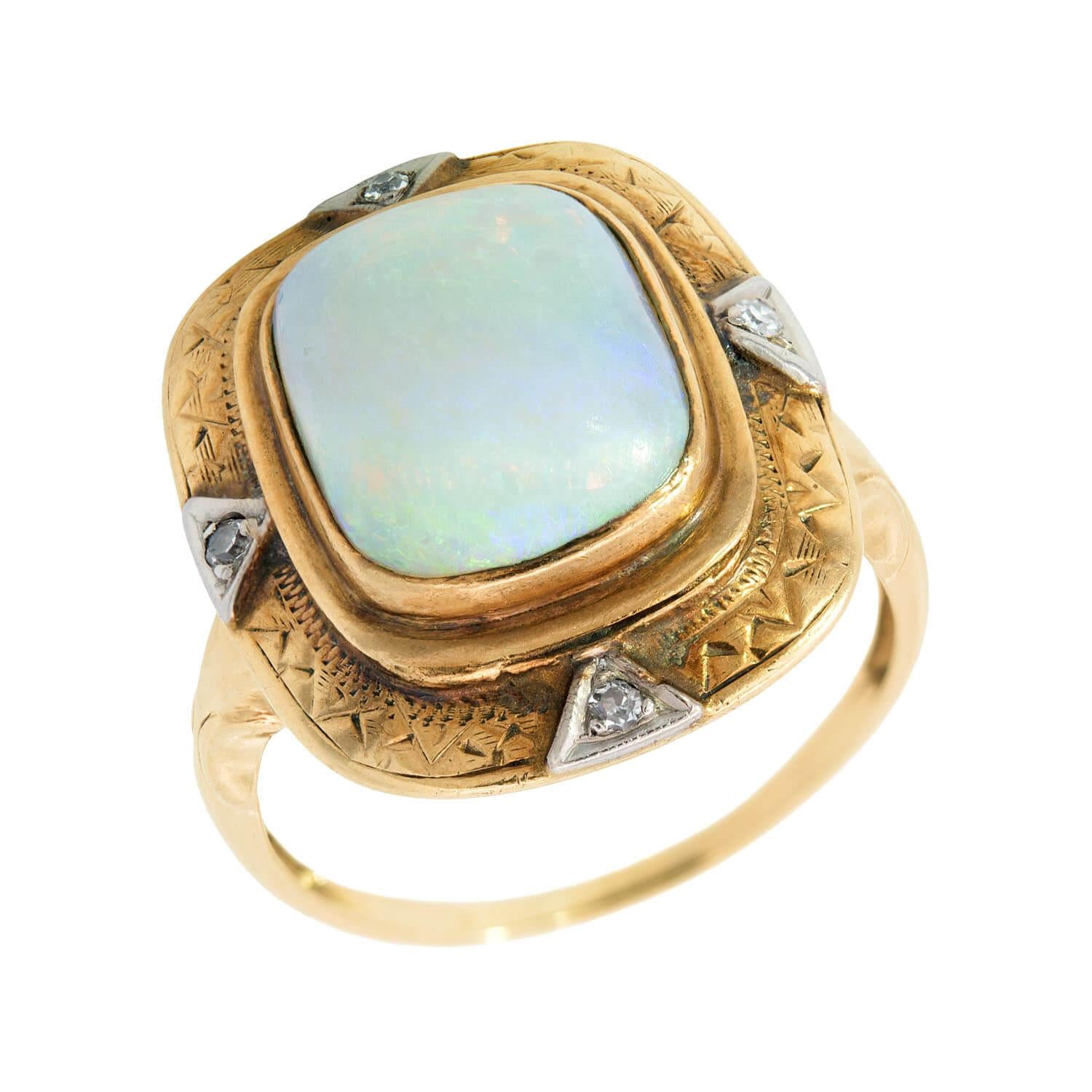 Art Deco Mixed Metal Opal and Diamond Cocktail Ring