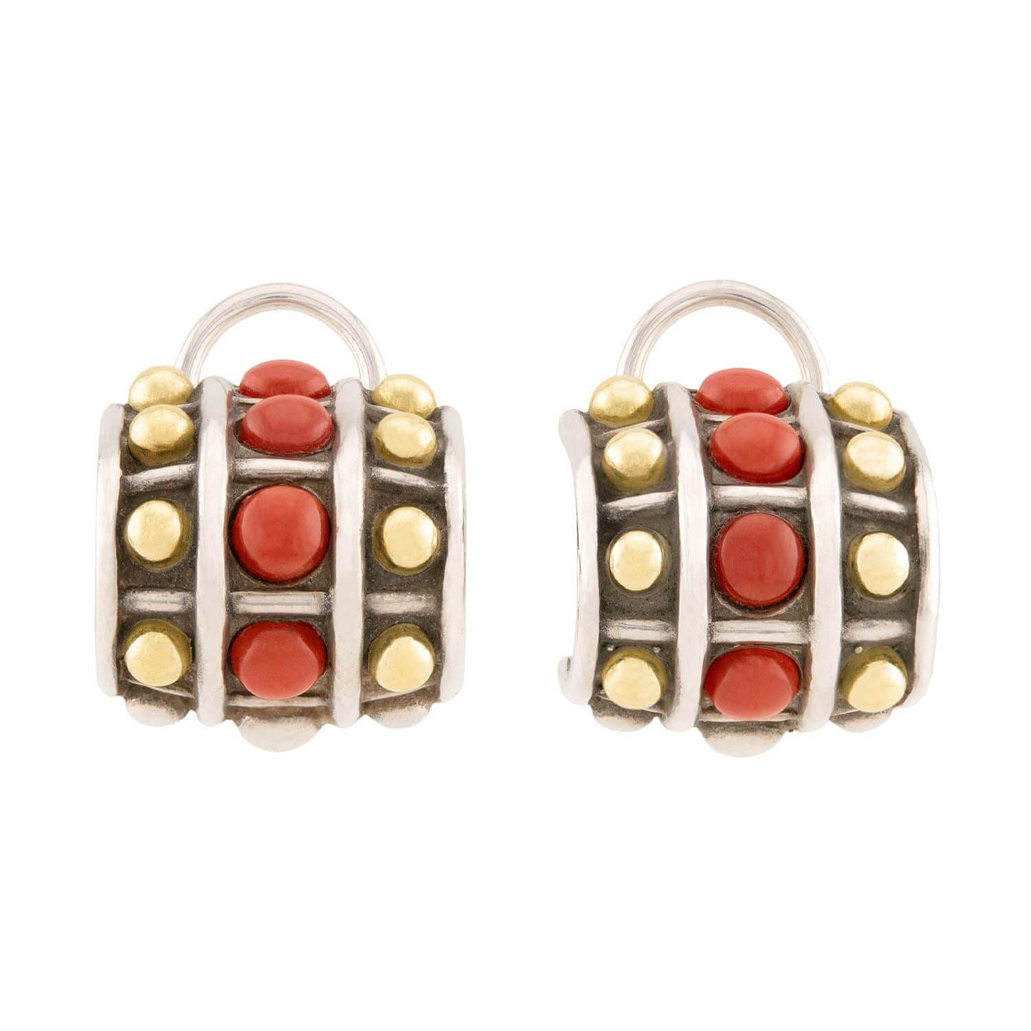 LAGOS Estate 18k/Sterling Silver Coral Checkerboard Earrings