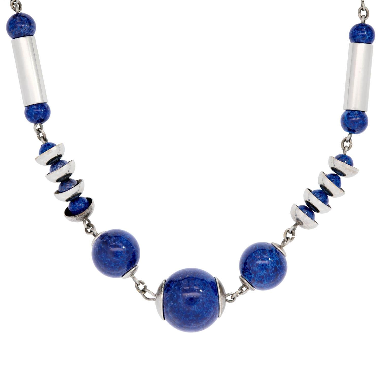 Vintage German Sterling Silver Lapis Bead Necklace