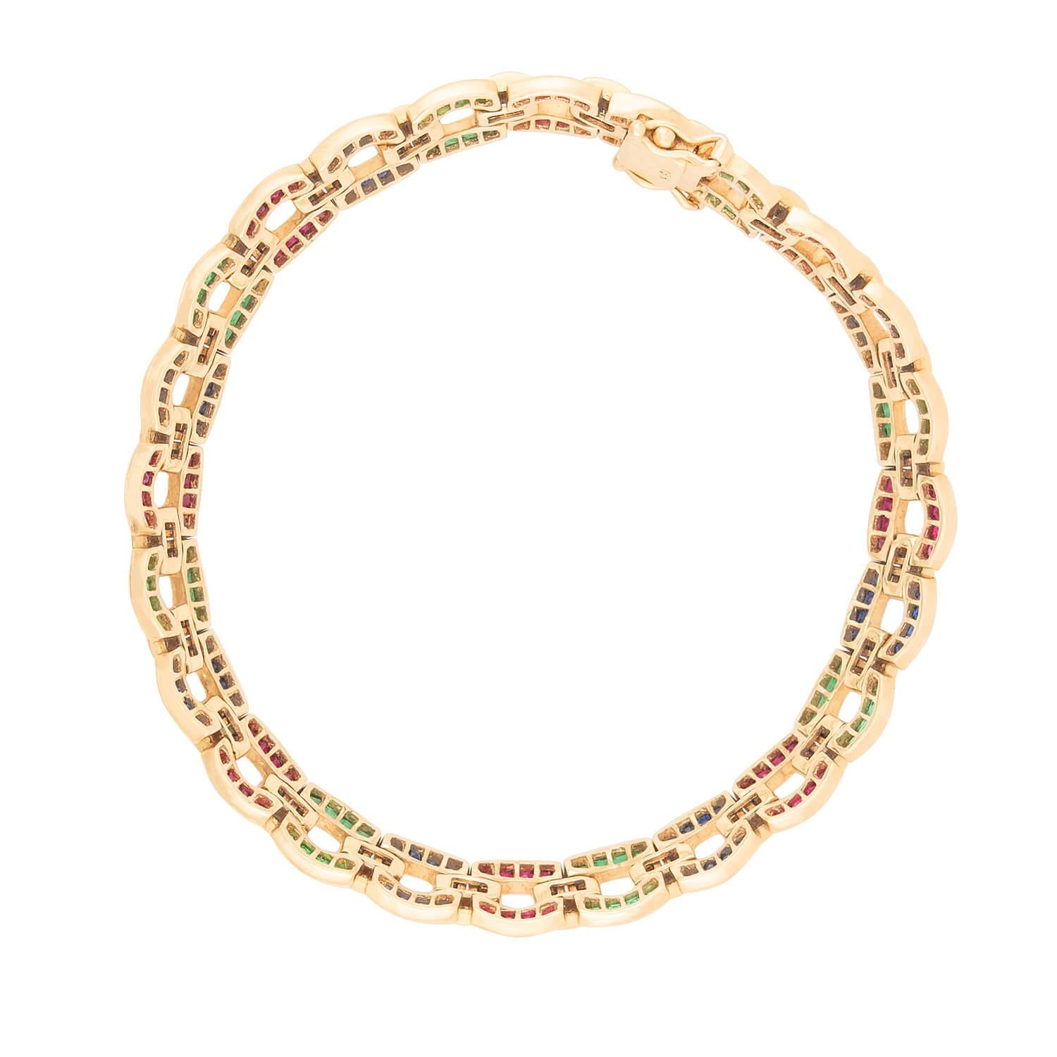 Estate 18k Emerald, Ruby, Sapphire, and Diamond Line Bracelet