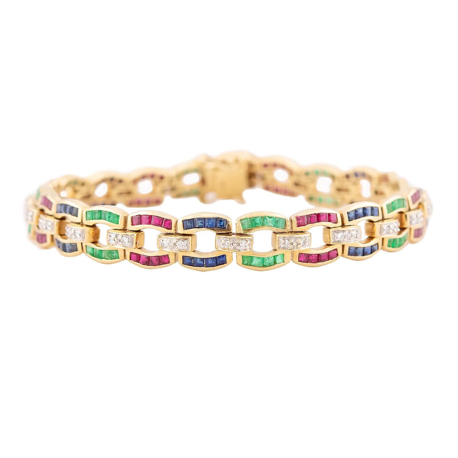 Estate 18k Emerald, Ruby, Sapphire, and Diamond Line Bracelet