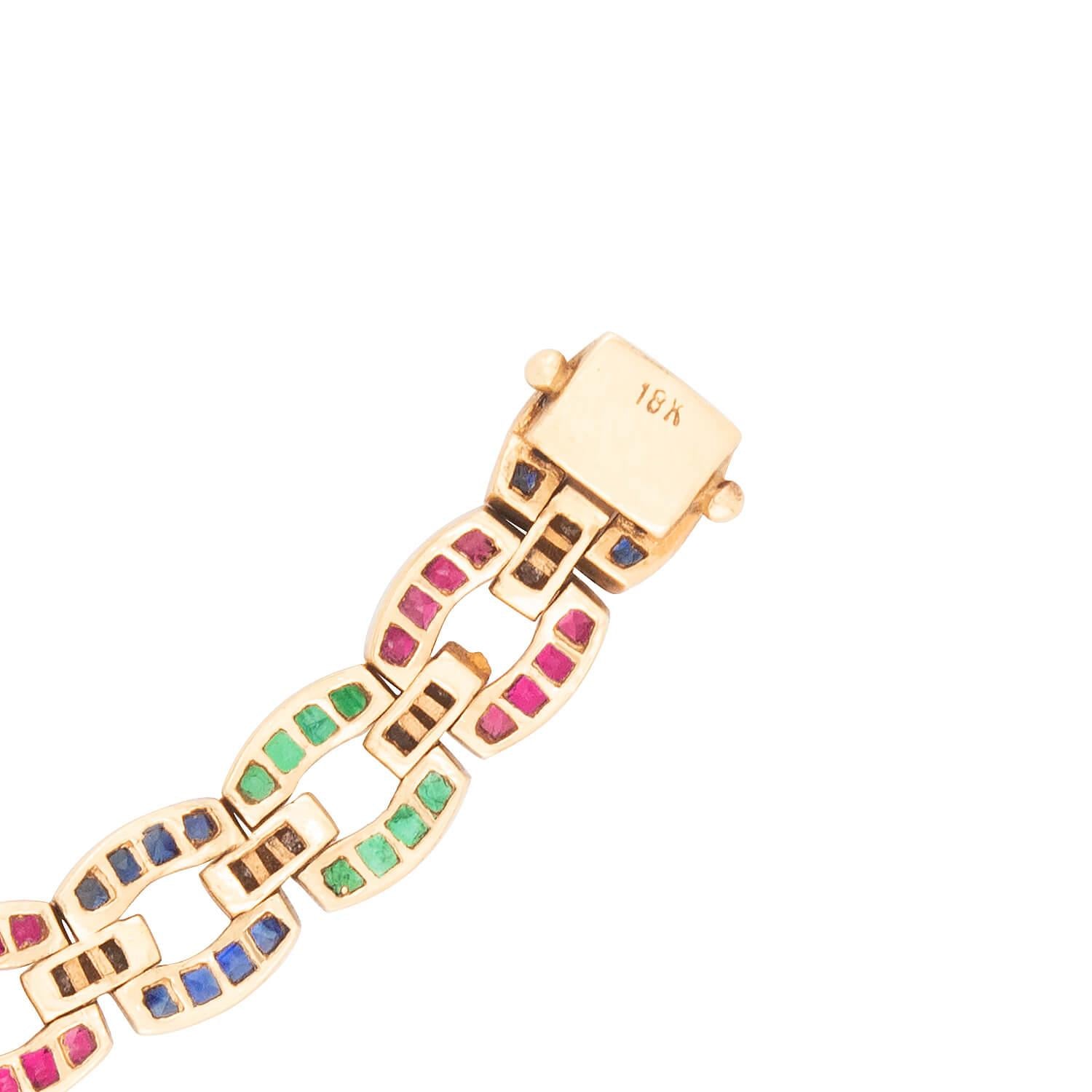 Estate 18k Emerald, Ruby, Sapphire, and Diamond Line Bracelet