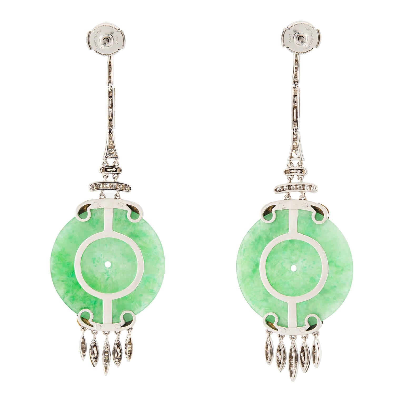 Art Deco Platinum Jade, Diamond, Emerald, and Enamel Disc Earrings