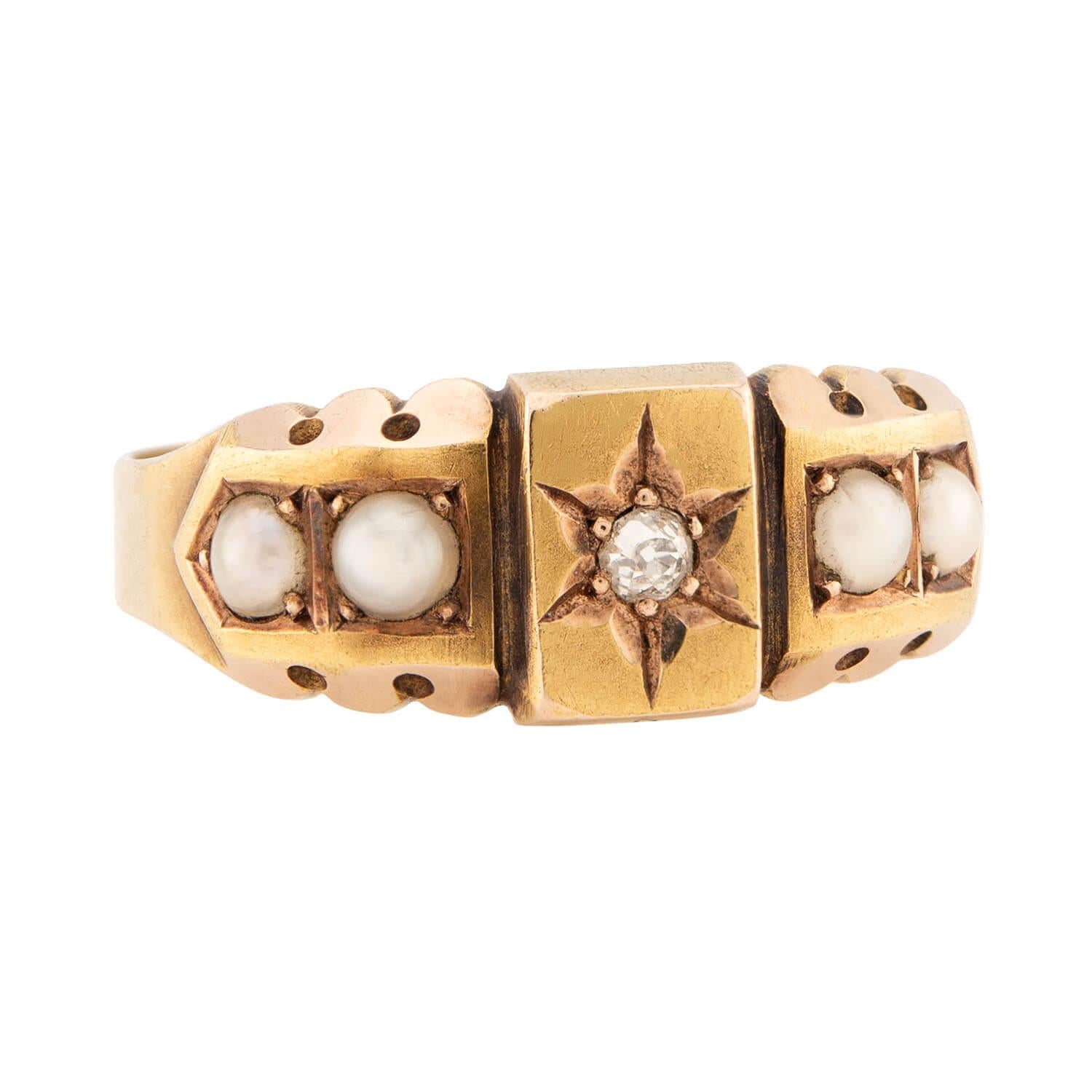 Victorian English 15k Diamond and Pearl Ring