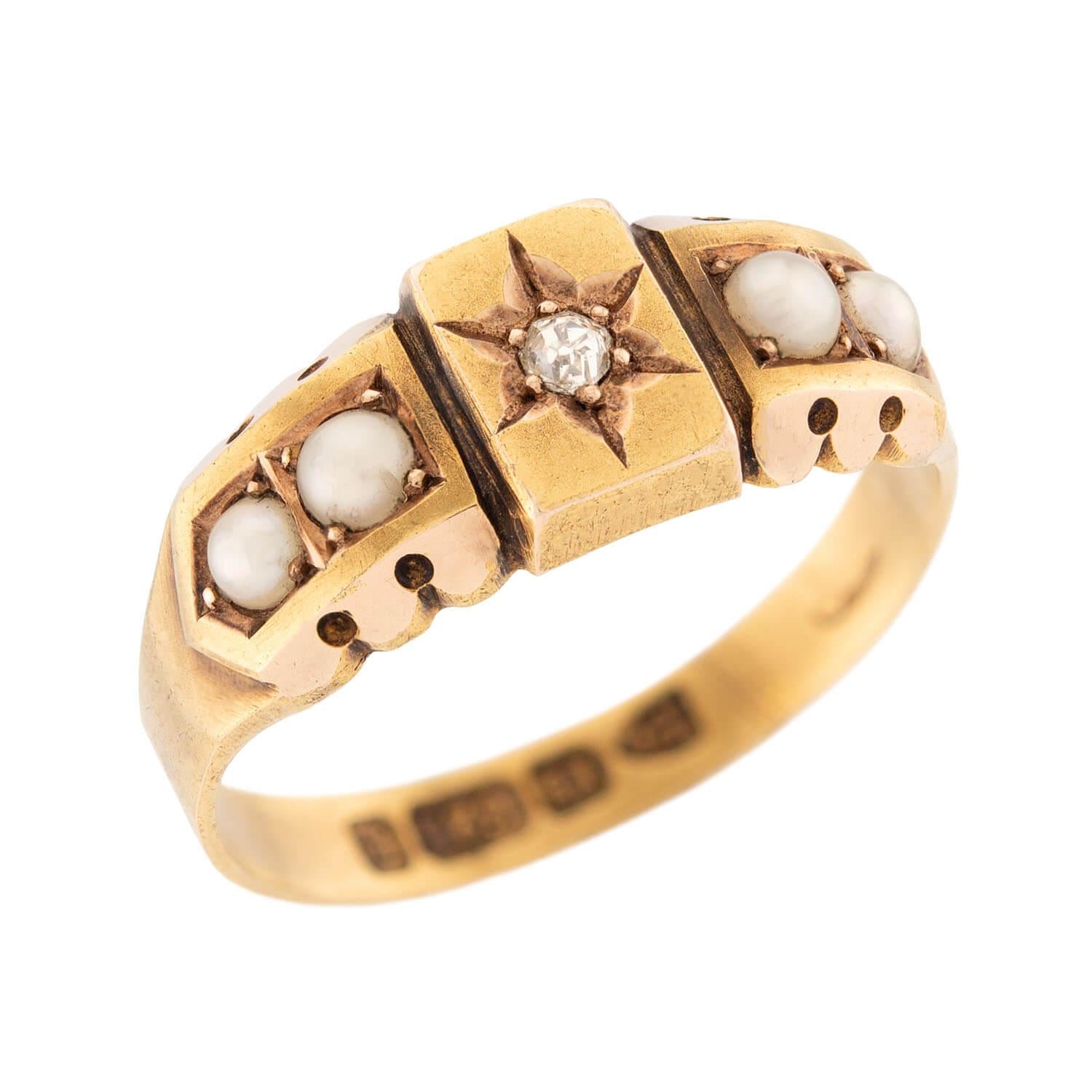 Victorian English 15k Diamond and Pearl Ring