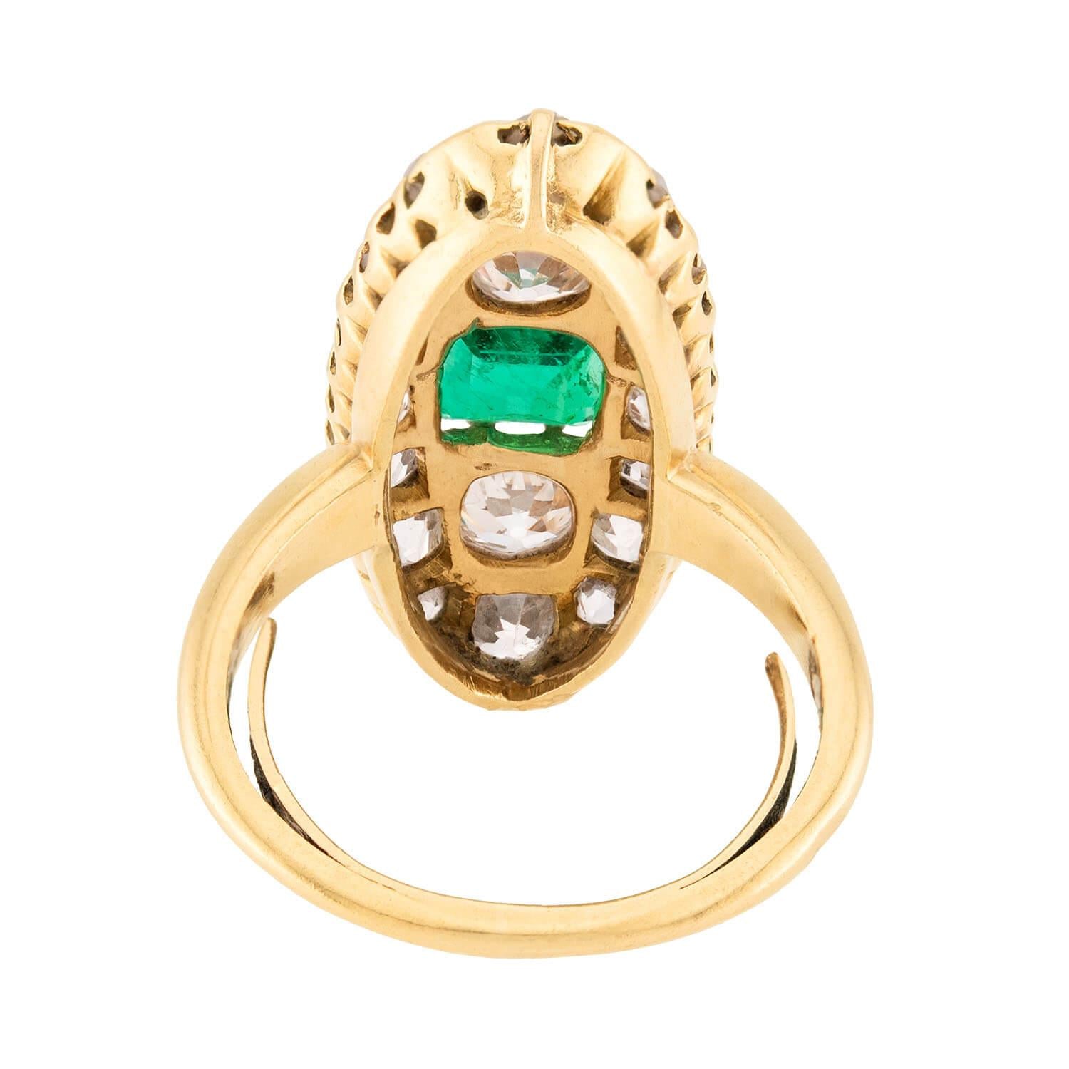 Victorian French 18k Emerald and Diamond Navette Ring