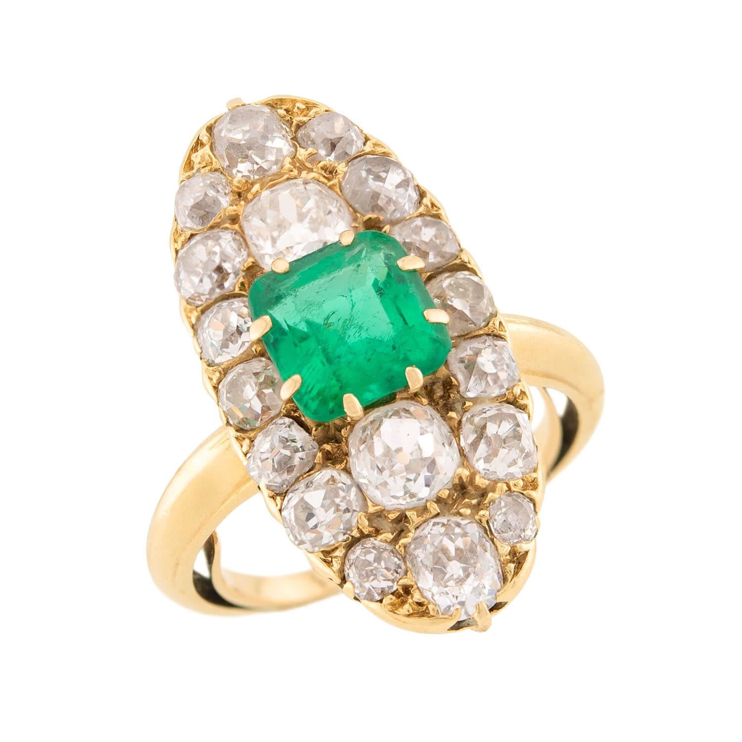 Victorian French 18k Emerald and Diamond Navette Ring