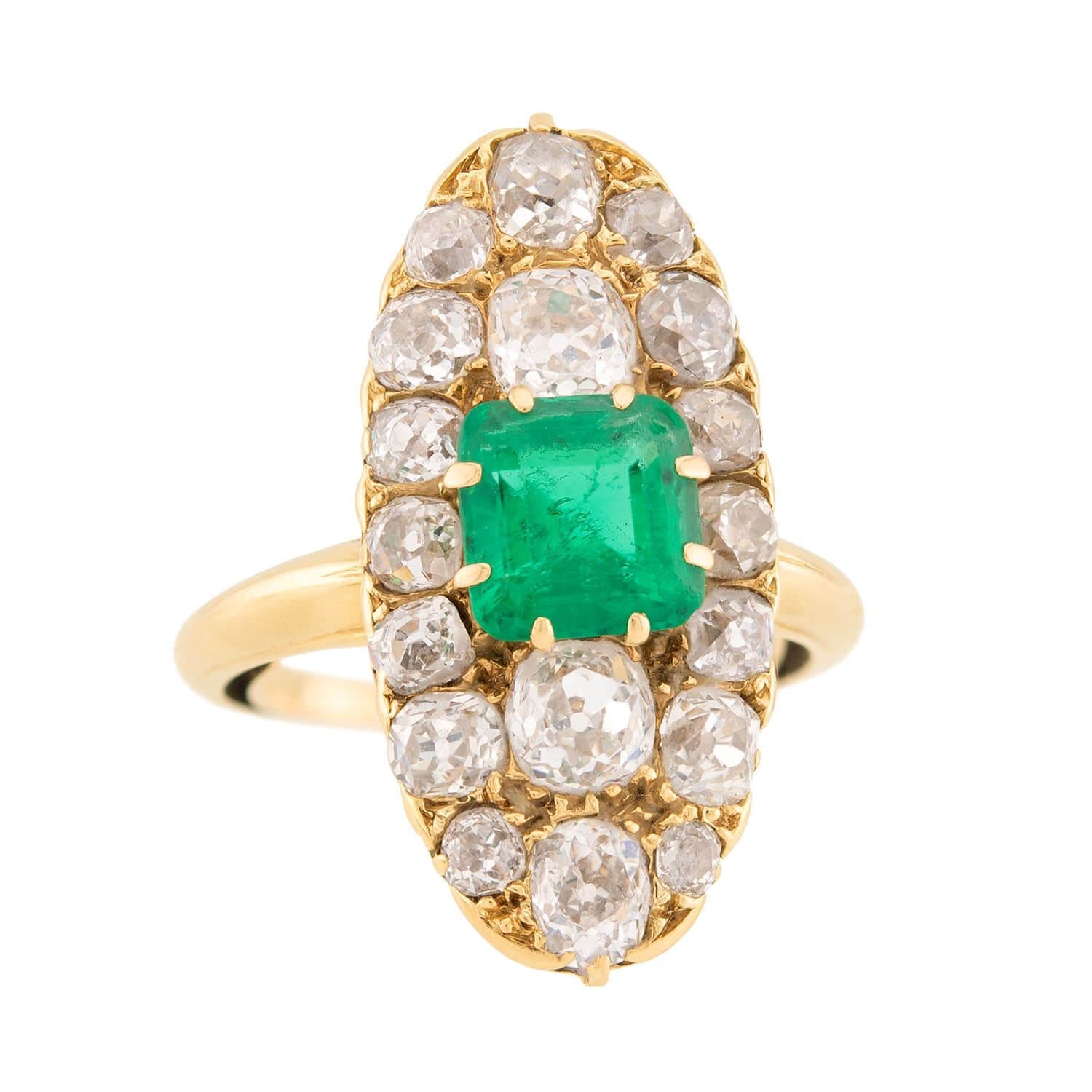 Victorian French 18k Emerald and Diamond Navette Ring