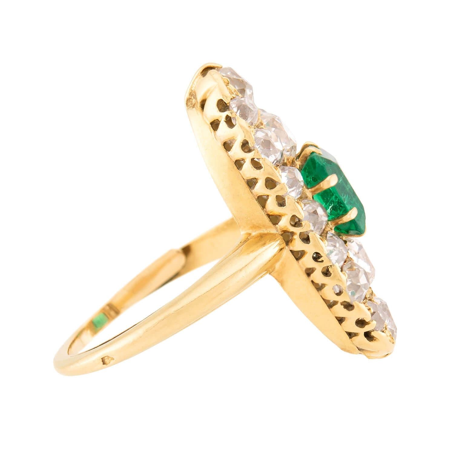 Victorian French 18k Emerald and Diamond Navette Ring