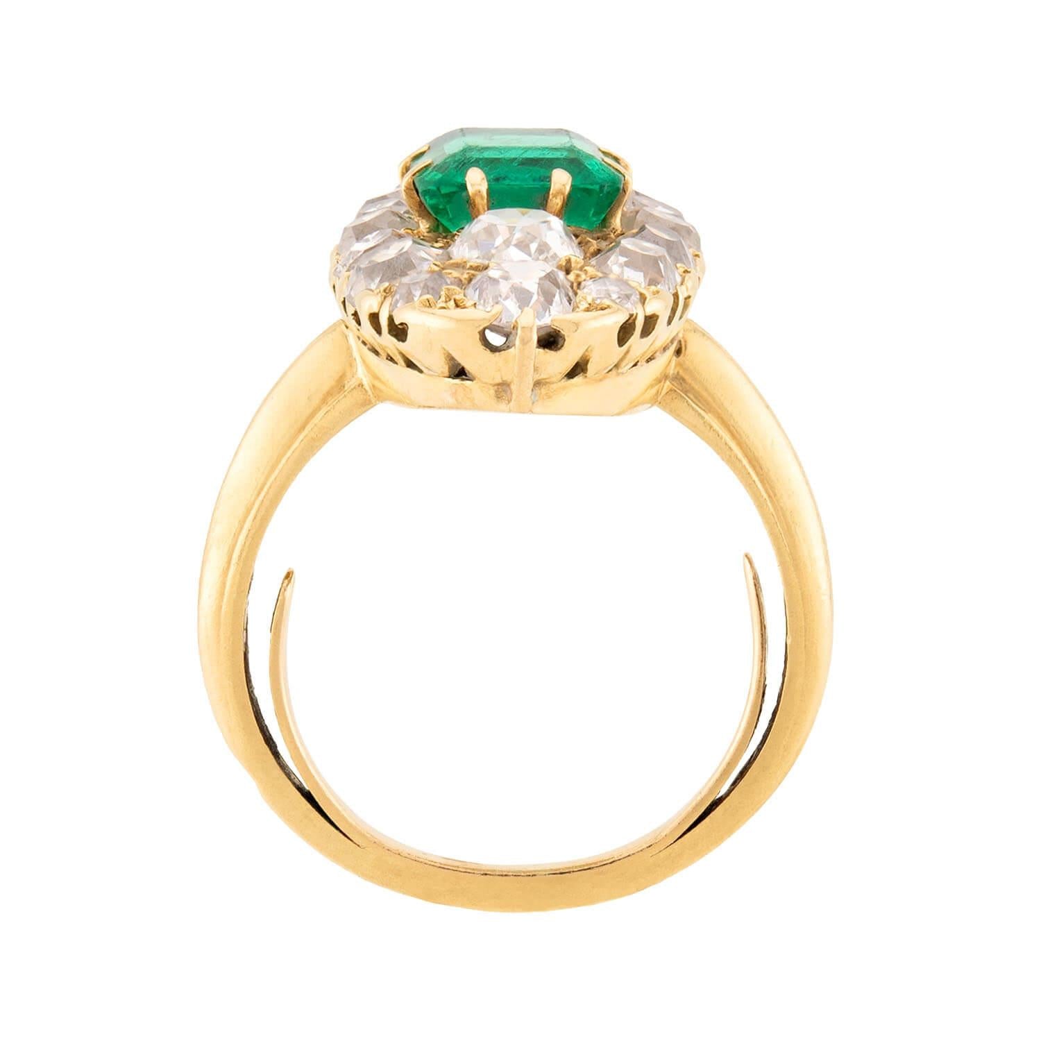 Victorian French 18k Emerald and Diamond Navette Ring