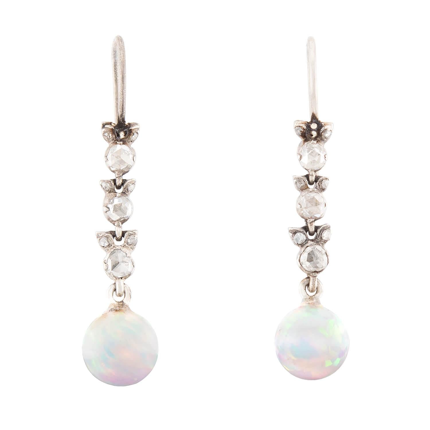 Victorian 14k/Sterling Silver Opal and Diamond Drop Earrings