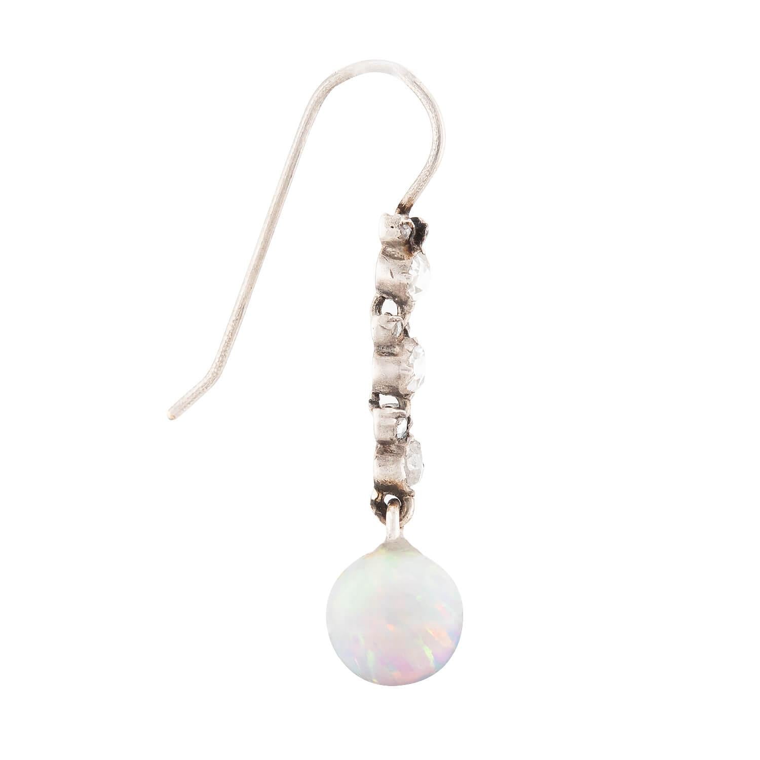 Victorian 14k/Sterling Silver Opal and Diamond Drop Earrings