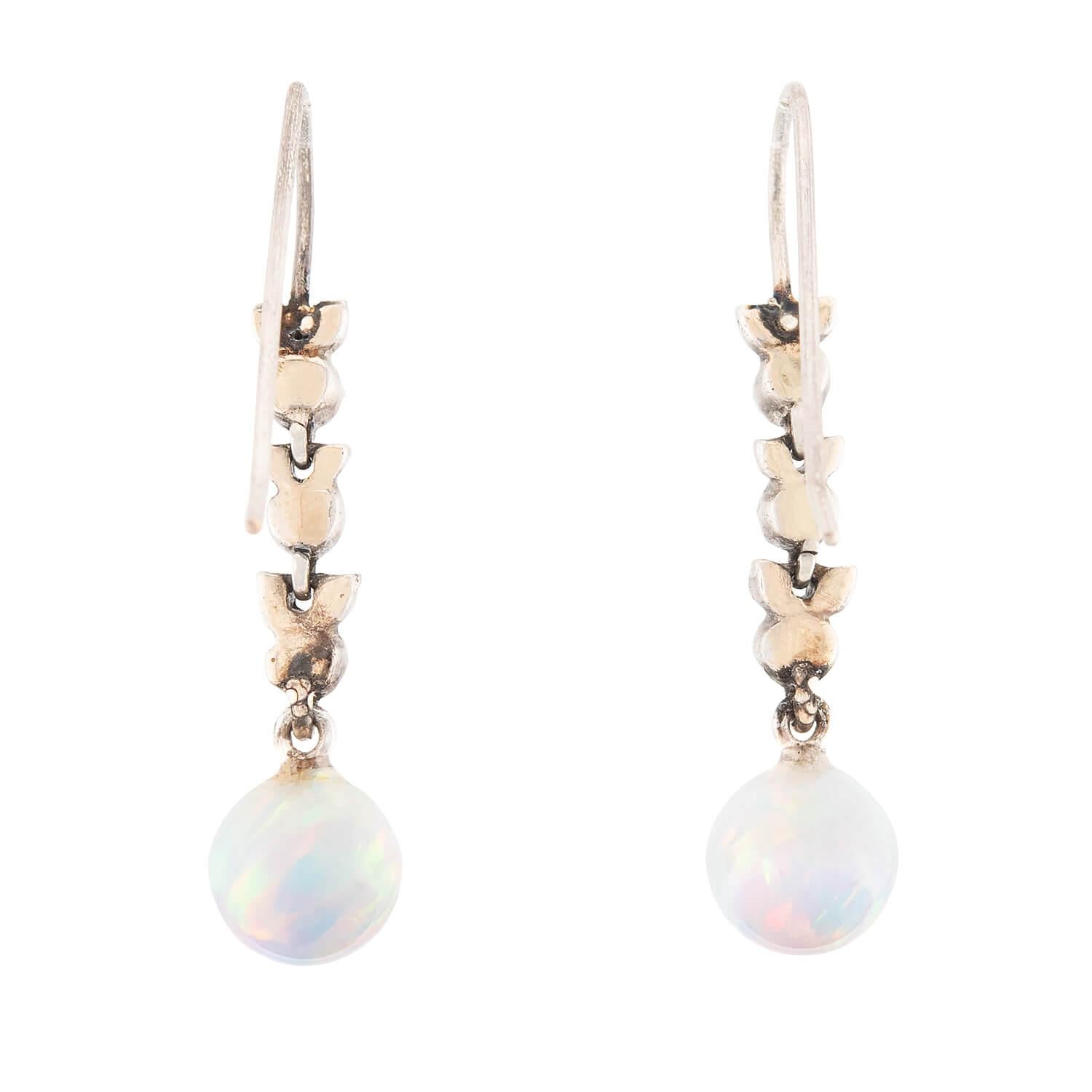 Victorian 14k/Sterling Silver Opal and Diamond Drop Earrings