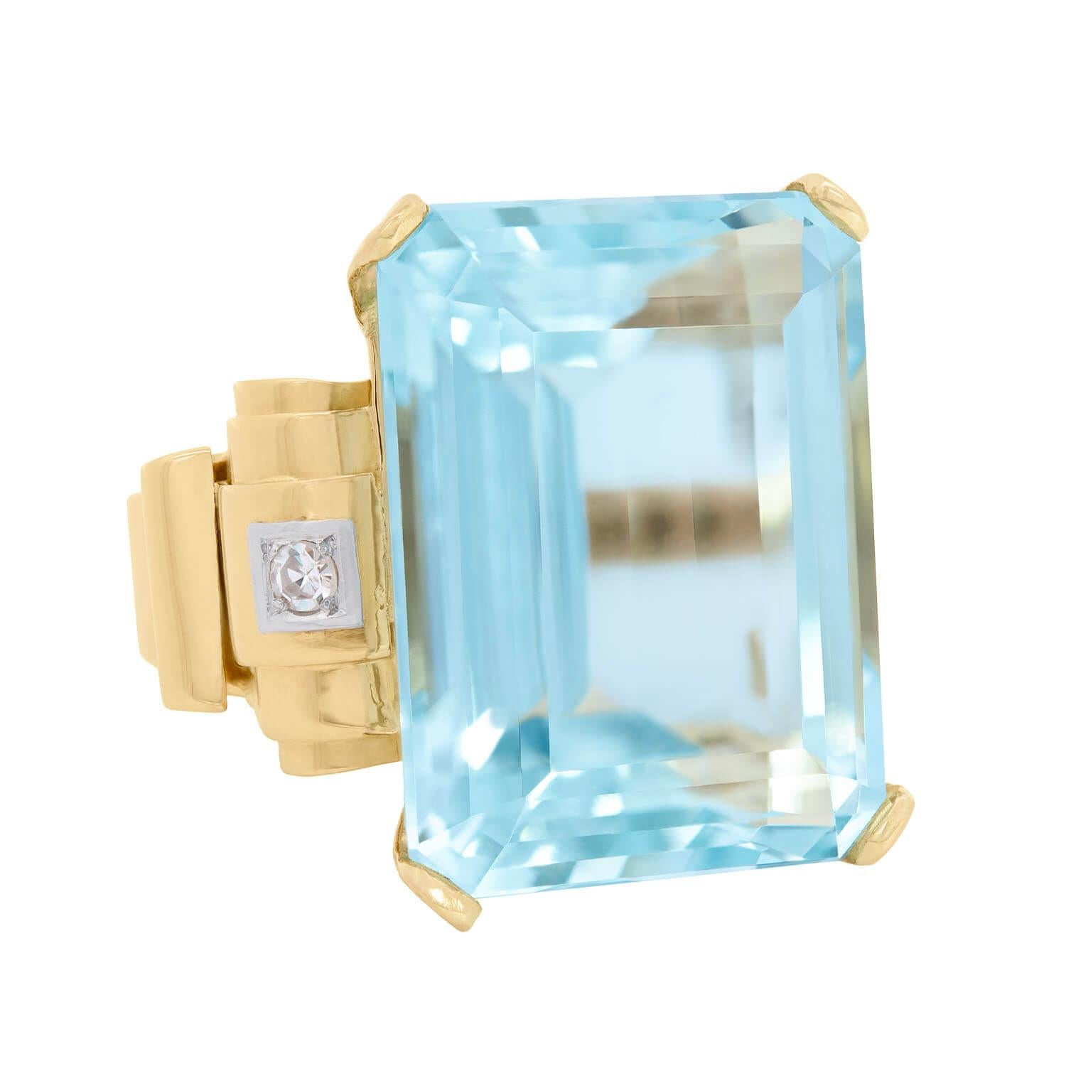 Retro 16k Rose Gold GIA Aquamarine and Diamond Cocktail Ring 30.05ct