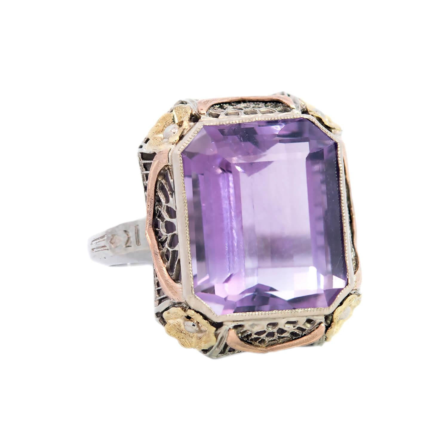 Art Deco 14k White, Yellow, and Rose Gold Amethyst Filagree Floral Cocktail Ring