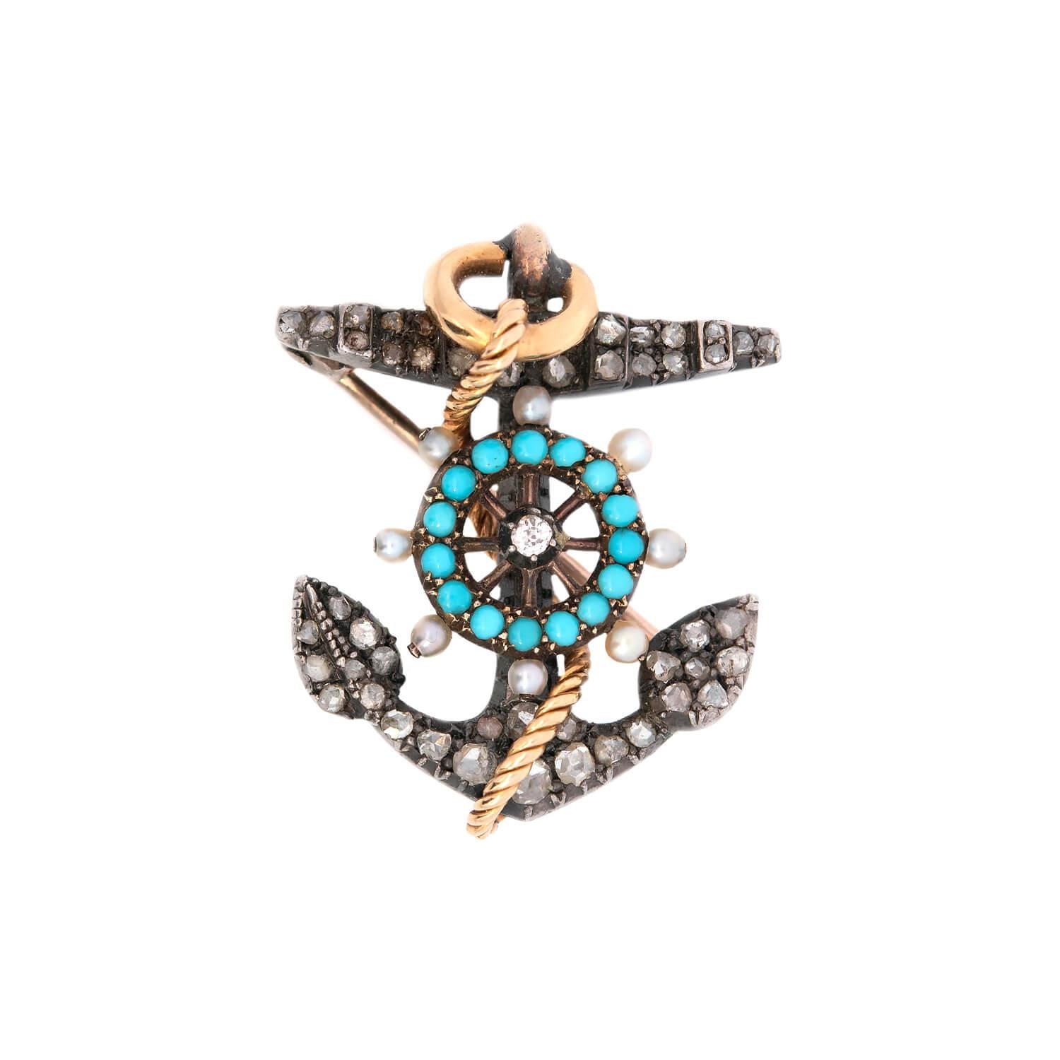 Victorian 18k/Sterling Silver Persian Turquoise and Diamond  Anchor Pin/Pendant