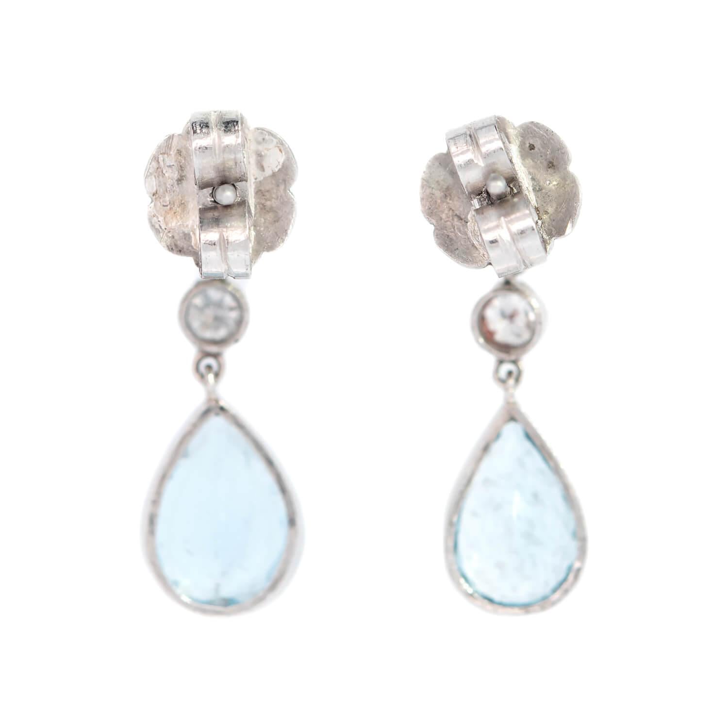 Retro Platinum Aquamarine and Diamond Dangle Earrings